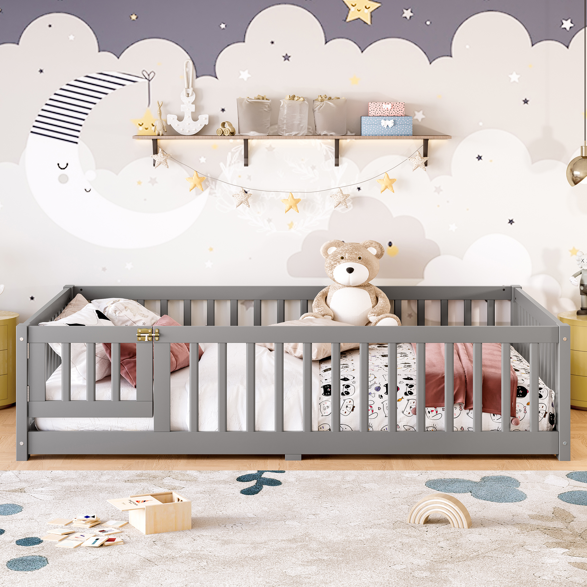 Full Size Bed Floor Bed with Safety Guardrails and Door for Kids, Gray(Old SKU: W1580P154626)