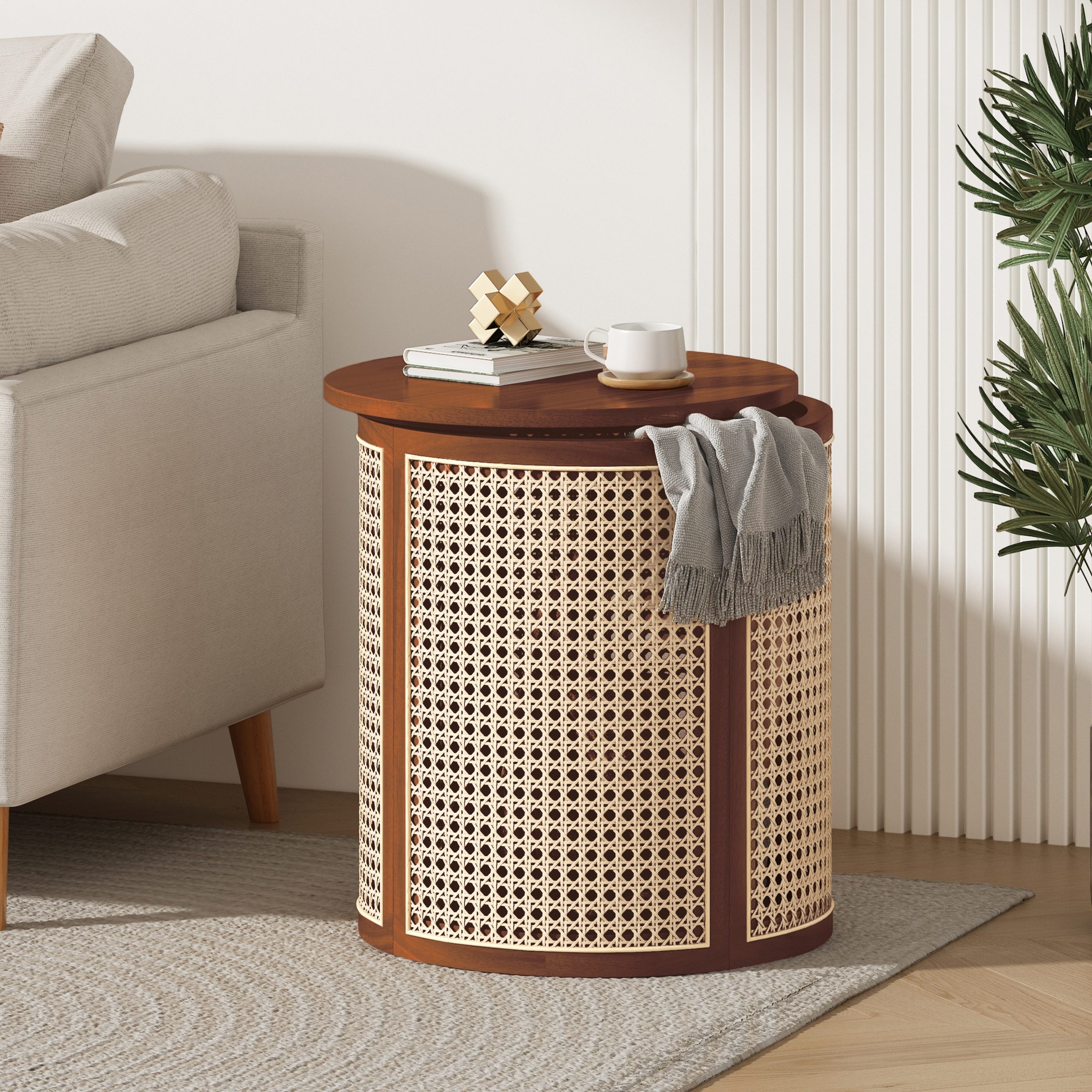 15.70″ Round End Table, Hollow Woven Side Table, Small Rubber Wood Nightstand, Rattan Woven Tea Desk, Round Wood Tabletop, Chic Home Decor Desk, Easy Assembly, Dark Brown Color