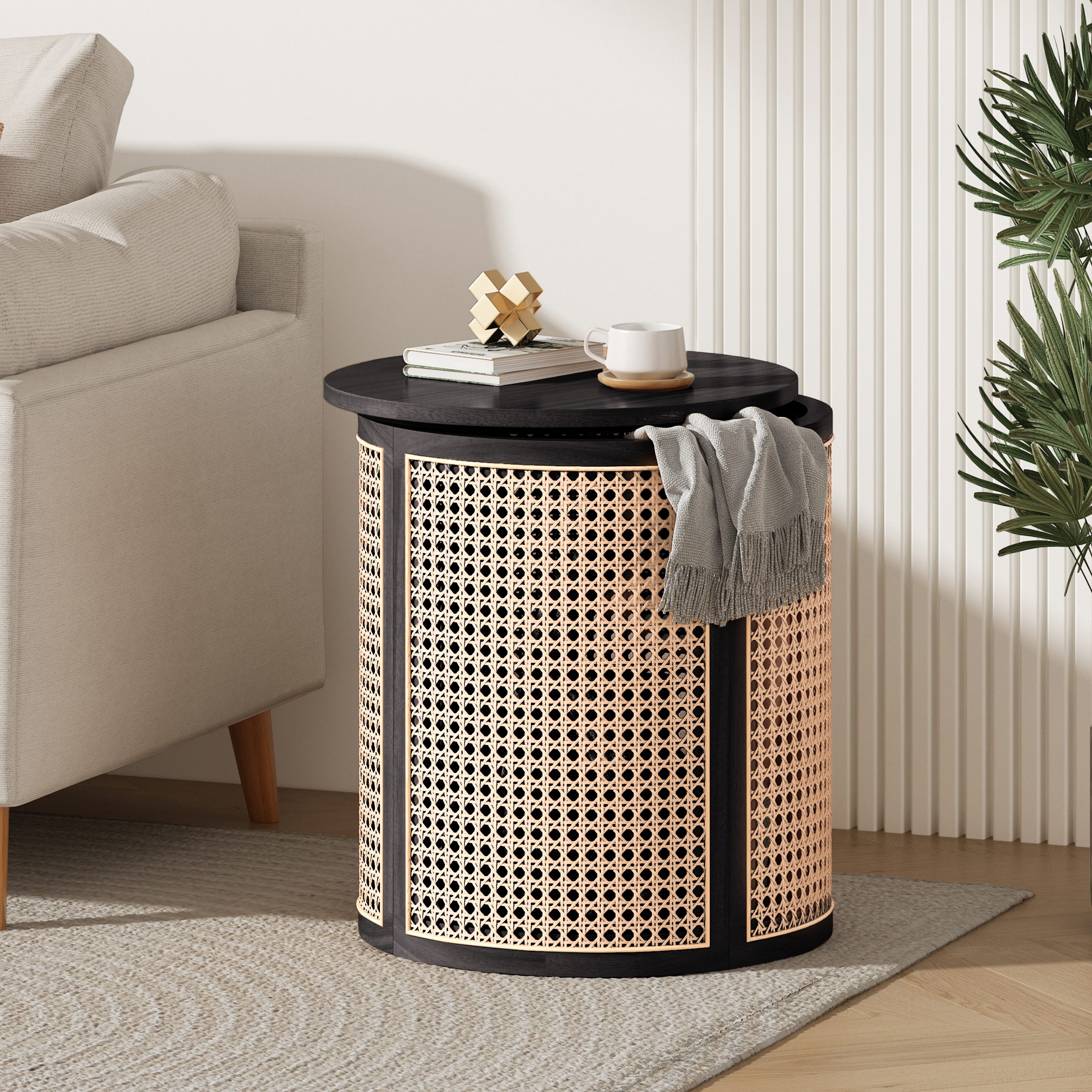 15.70″ Round End Table, Hollow Woven Side Table, Small Rubber Wood Nightstand, Rattan Woven Tea Desk, Round Wood Tabletop, Chic Home Decor Desk, Easy Assembly, Black Color
