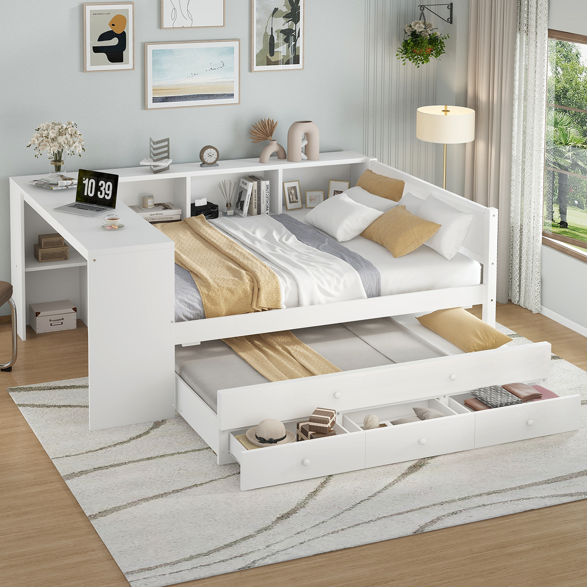 Full Size Daybed with Trundle, Wood Day Bed Frame with Storage Drawers and Side Shelves, Daybed with Desk, No Spring Box Needed, White