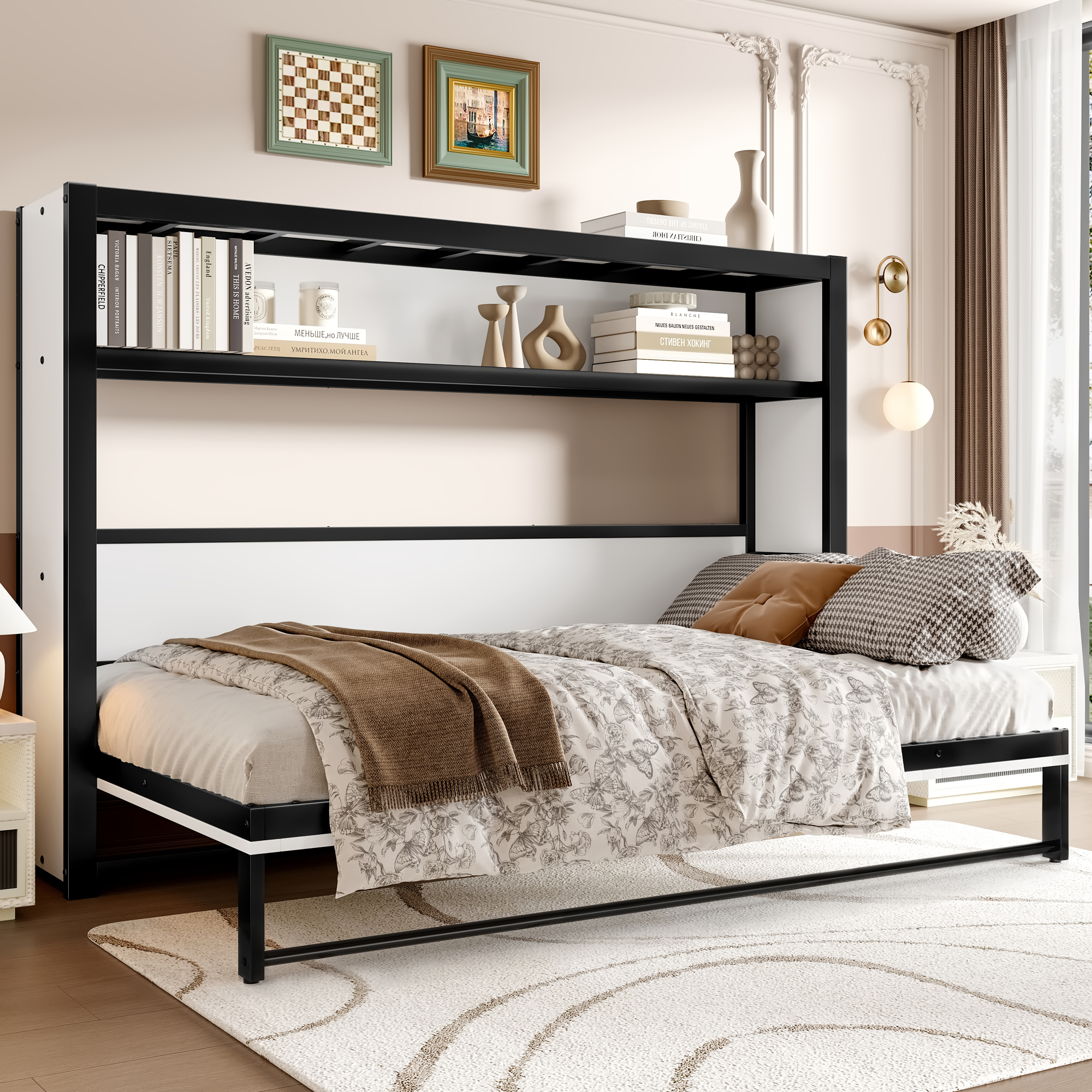 Twin Size Murphy Bed with Shelves, Metal Wall Bed with Foldable and Space-saving Design, White