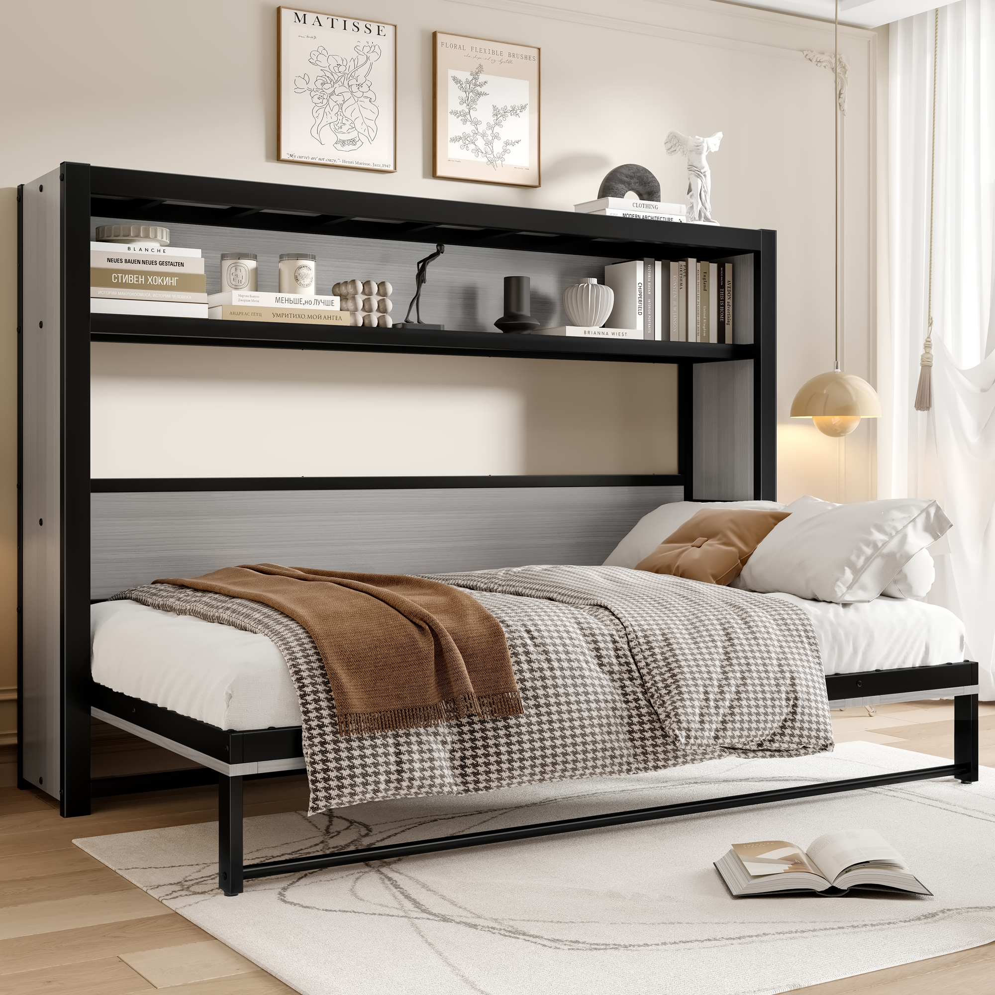 Twin Size Murphy Bed with Shelves, Metal Wall Bed with Foldable and Space-saving Design, Gray