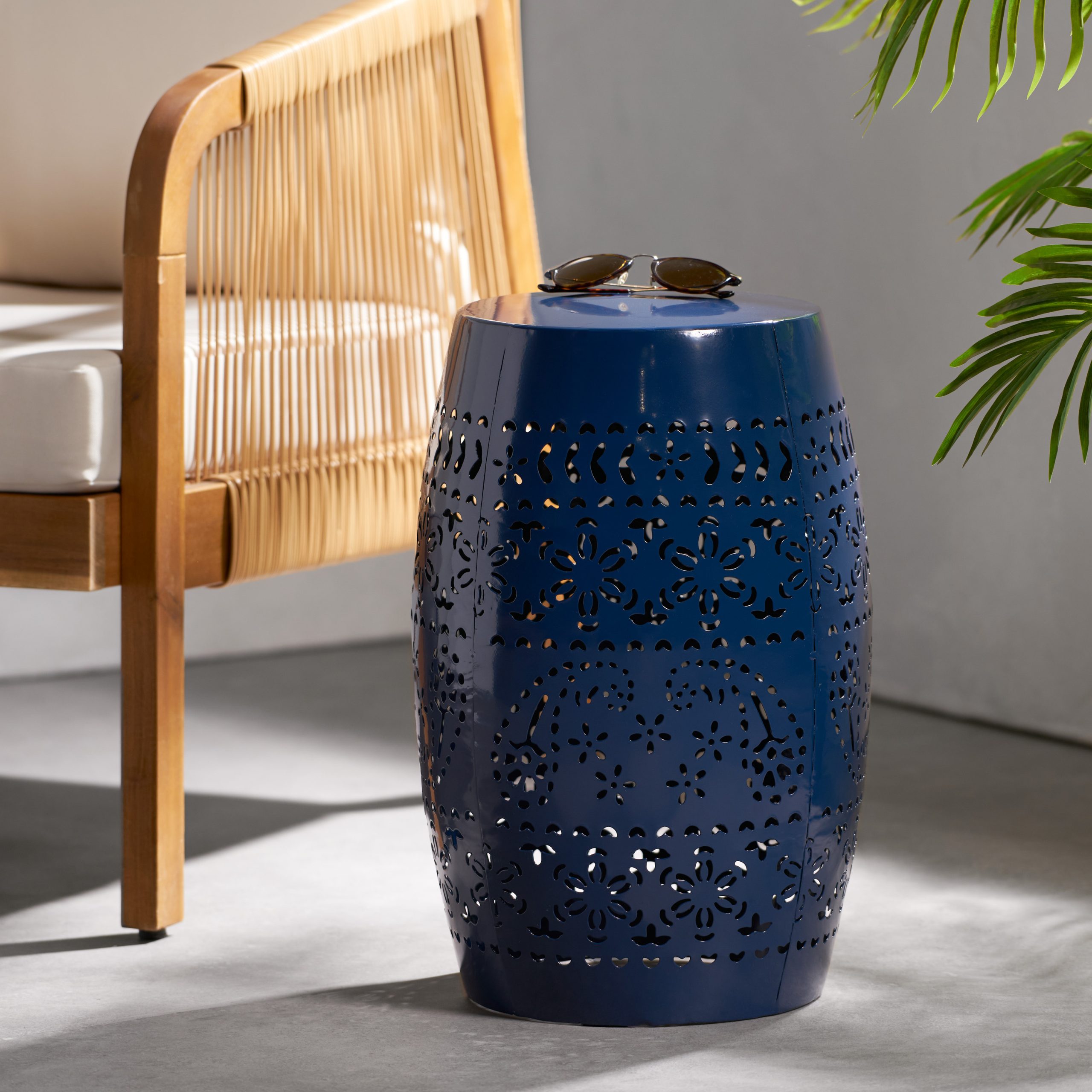 RUBY Side Table, Lace Cut Metal End Table for Outdoor & Indoor Use, Barrel Shape Accent Table with No Assembly Needed for Garden, Patio, Living Room, Backyard Decor,Navy Color