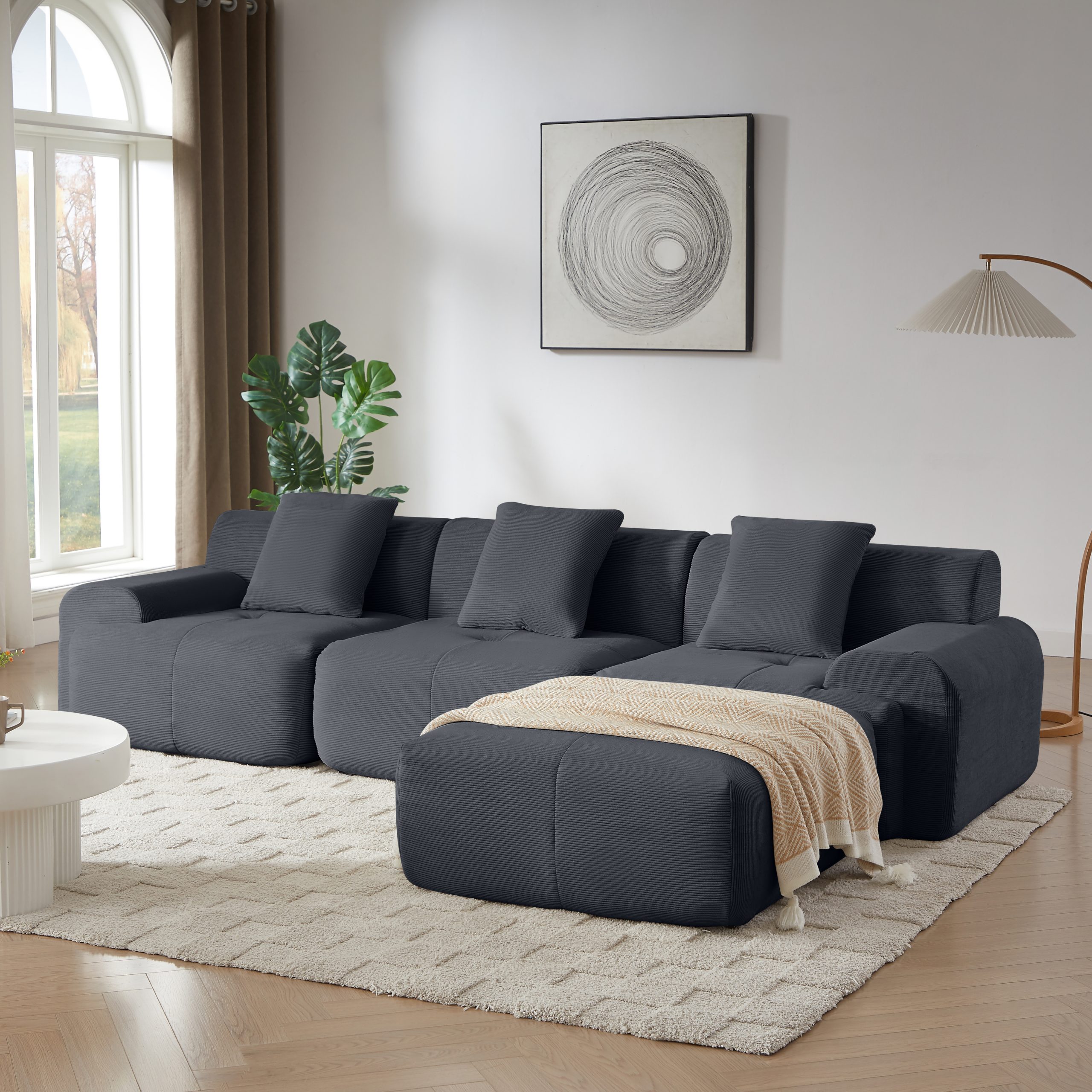 113″ Modern L-Shaped Modular Sectional Sofa for Living Room, Corduroy Upholstery dark gray, Oversized 3-Seater Couch with Deep Seat and Movable Ottoman – No Assembly