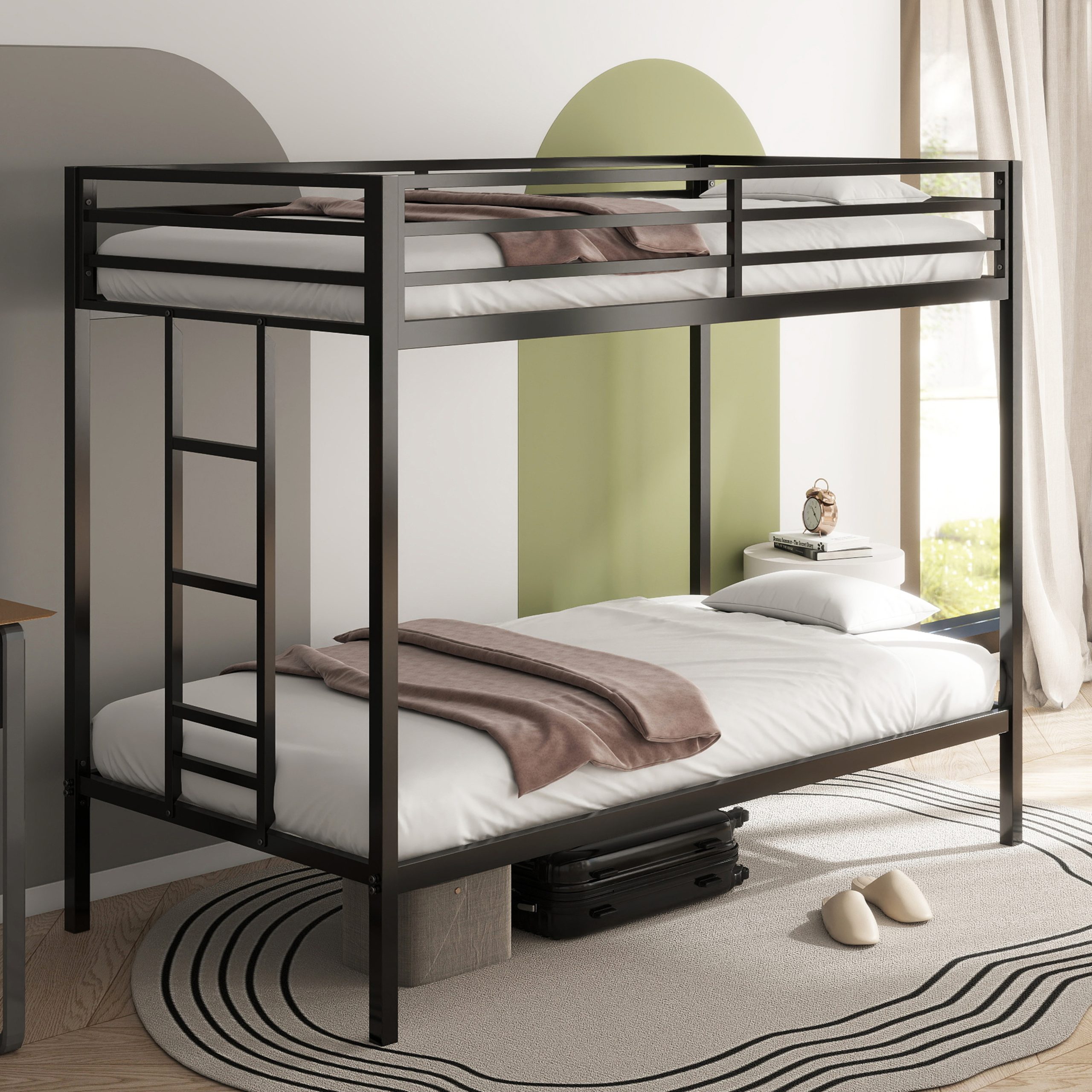 Adam Sturdy Twin Over Twin Bunk Bed Metal Black for Kids and Adult, Twin Over Twin Bunk Bed with Ladder and Guardrails, Easy Climbing, Beds for Bedroom