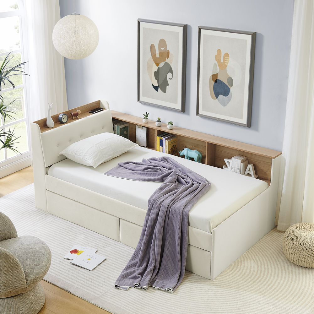Twin Size Upholstery Velvet Day Bed with Storage Headboard and Wireless Charging, Multi-functional Daybed with Two Storage Drawers & LED Lights, Beige