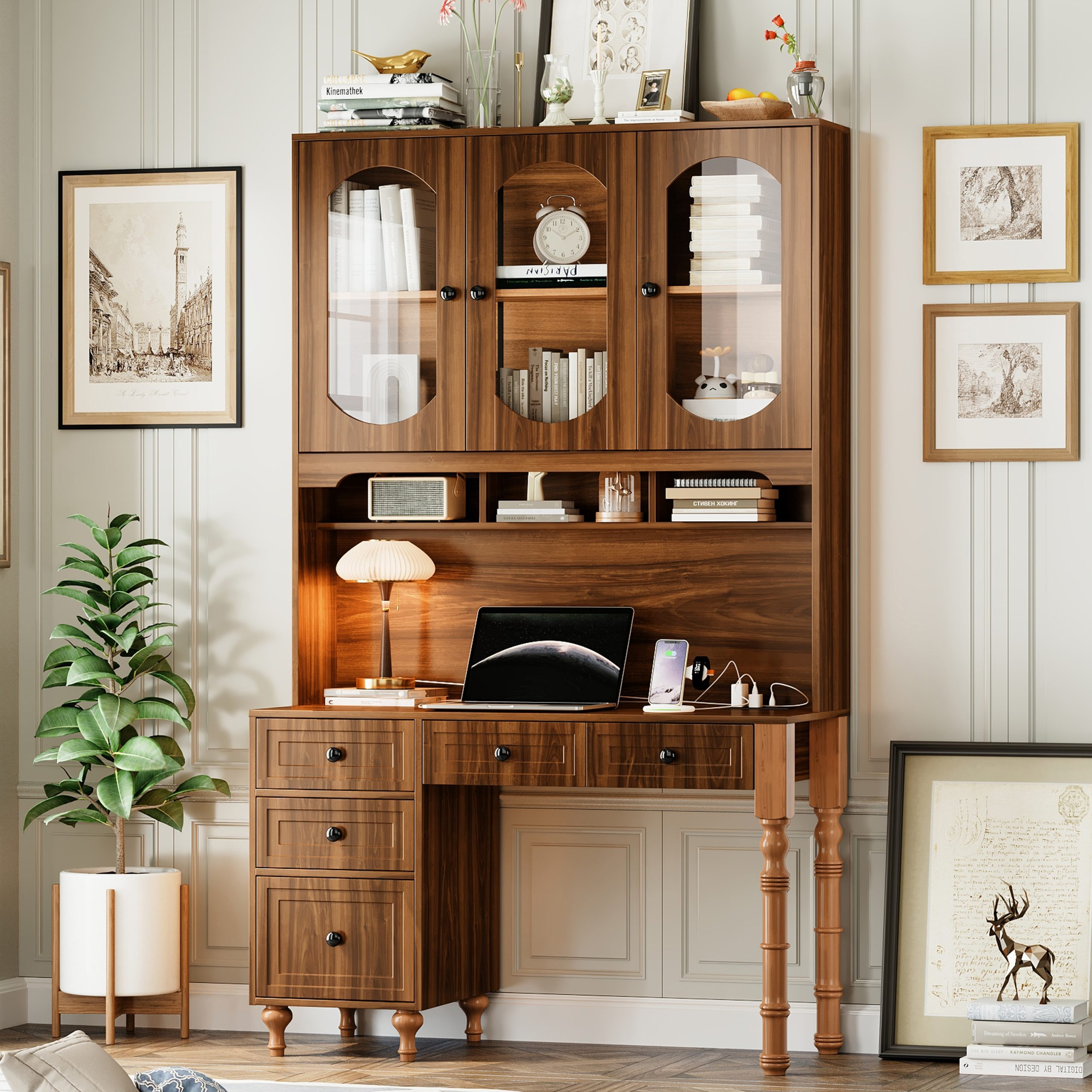 47” Retro Desk with Charging Ports and Hutch Cabinet, Office Desk with 5 Storage Drawers and Transparent Glass-Door Bookshelf, Executive Computer Desk for Home Office, Bedroom, Walnut