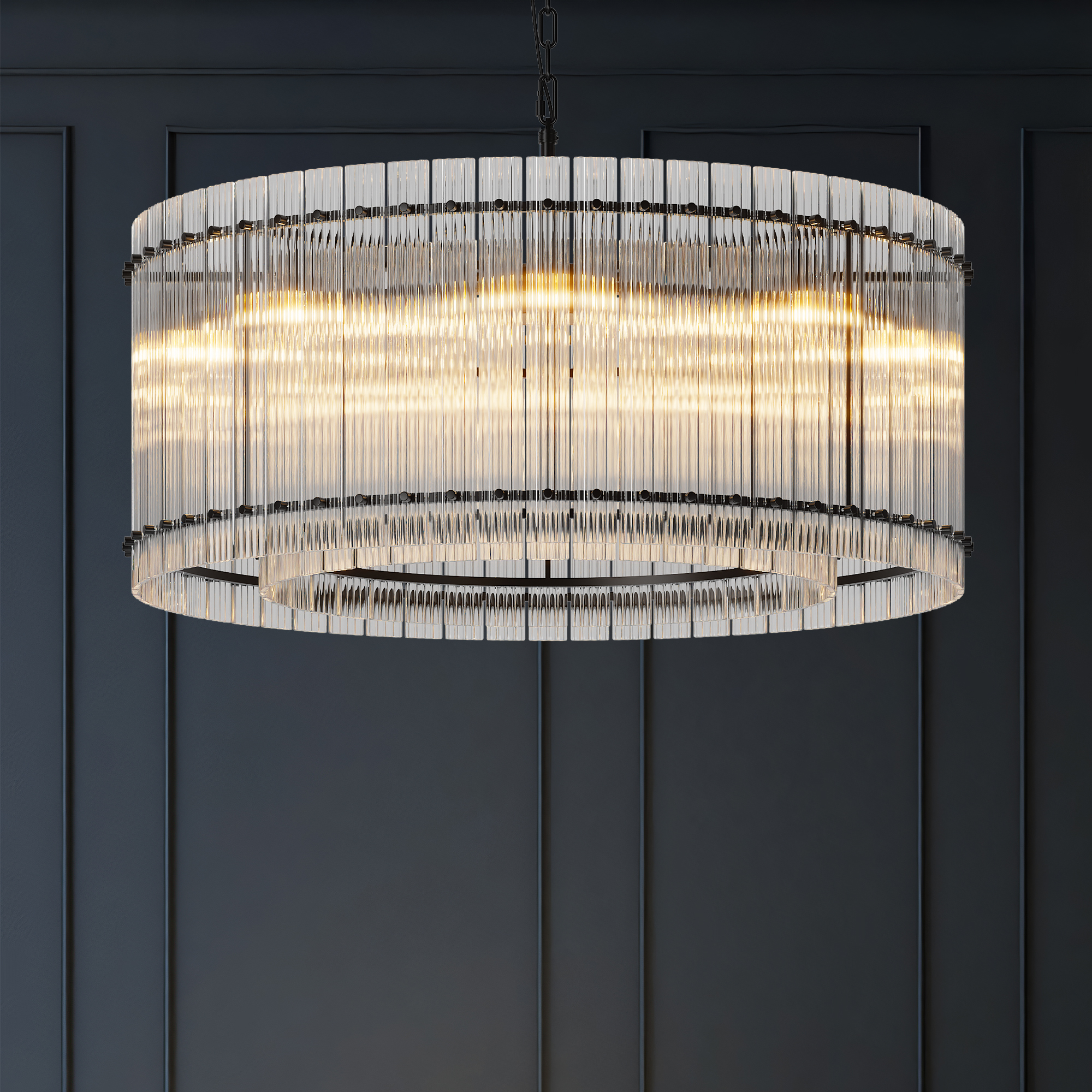 37″ Modern Black Round Chandelier,2-Tier 8-Light Water Ripple Crystal Glass Chandeliers,for Dining Room,Living Room,Bedroom,High Ceiling,Foyer Entryway,Luxury Chandelier