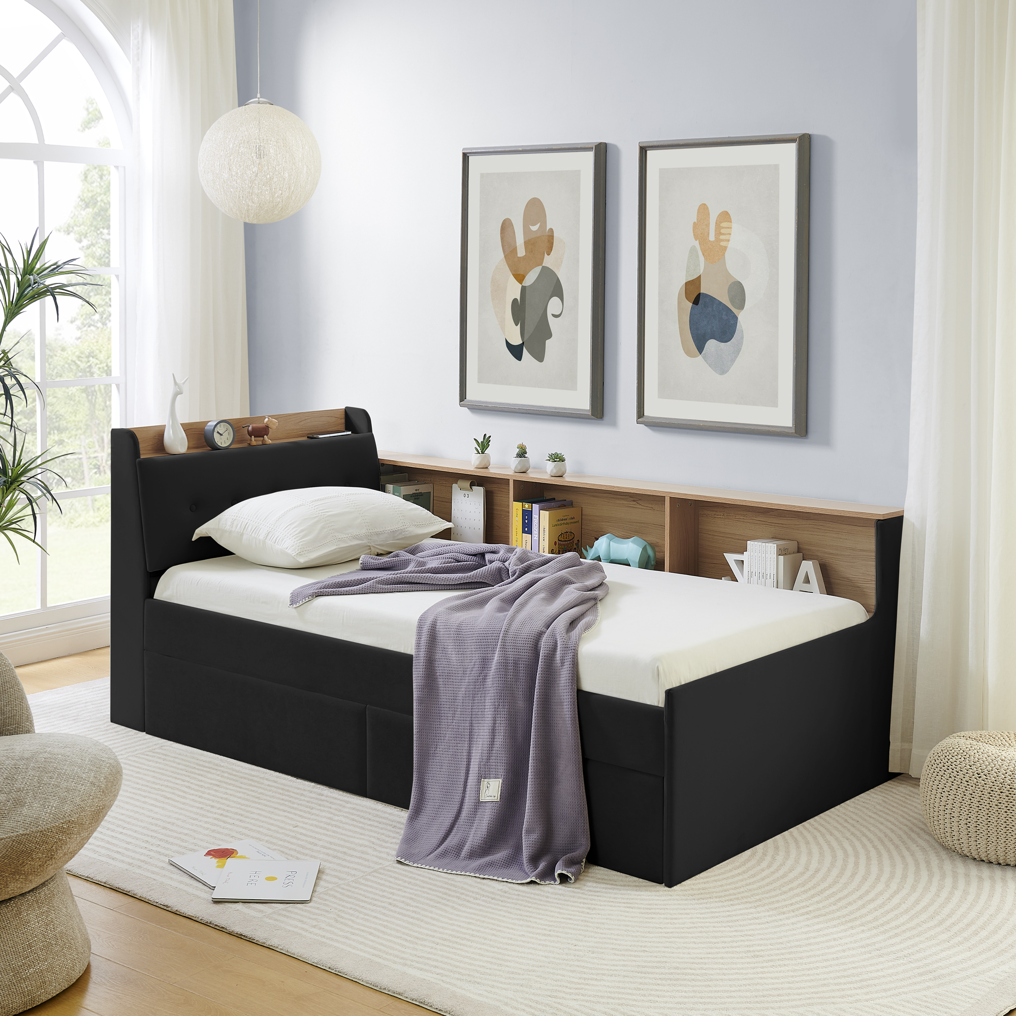 Twin Size Upholstery Velvet Day Bed with Storage Headboard and Wireless Charging, Multi-functional Daybed with Two Storage Drawers & LED Lights, Black