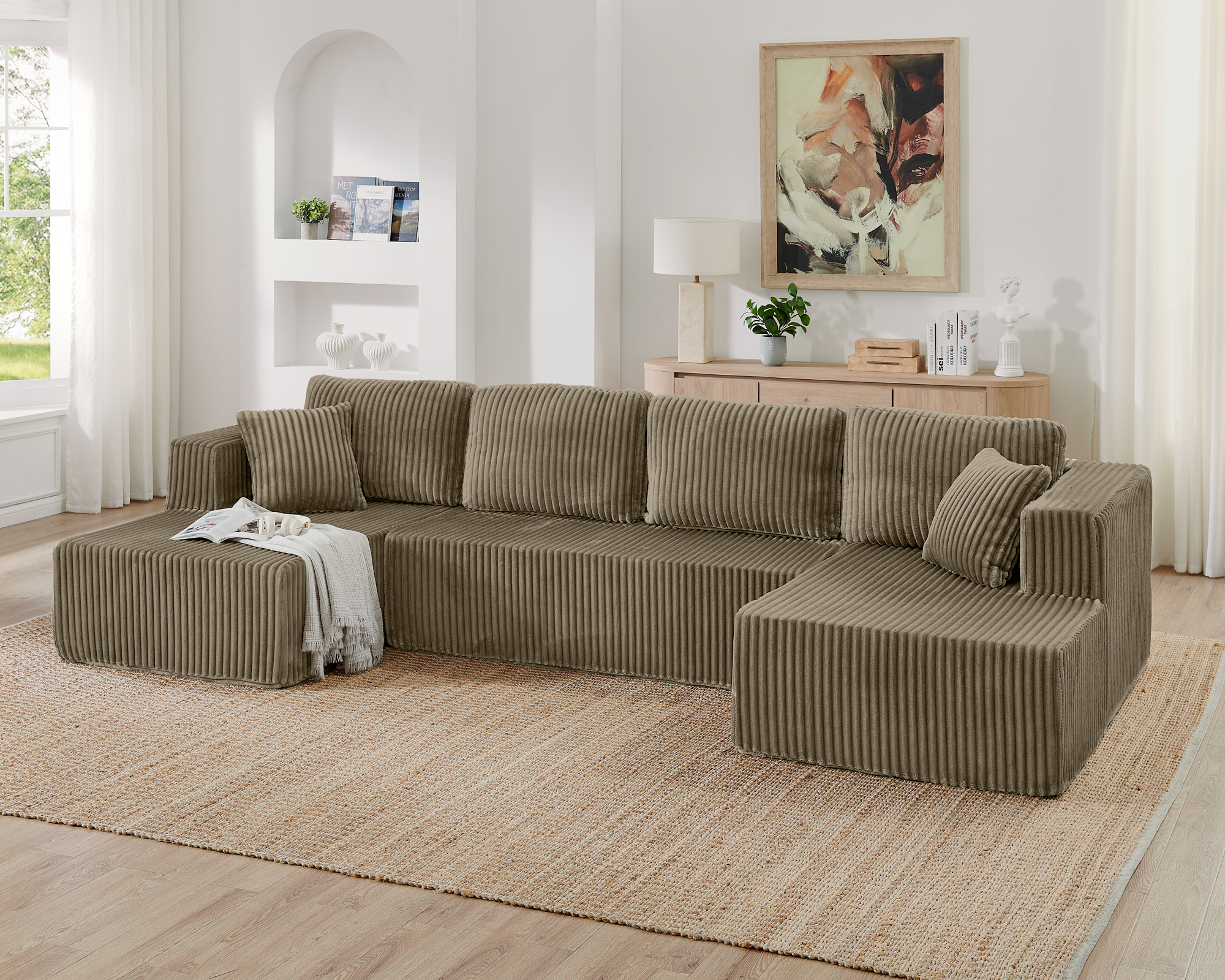 U shape Modular Sectional Sofa, Compressed Sectional Sofa Modern Minimalist Style Corduroy Couch, Sleeper Sofa for Living Room, Bedroom, Comfy Compressed Sofa Couch Space-Efficient Design-Brown