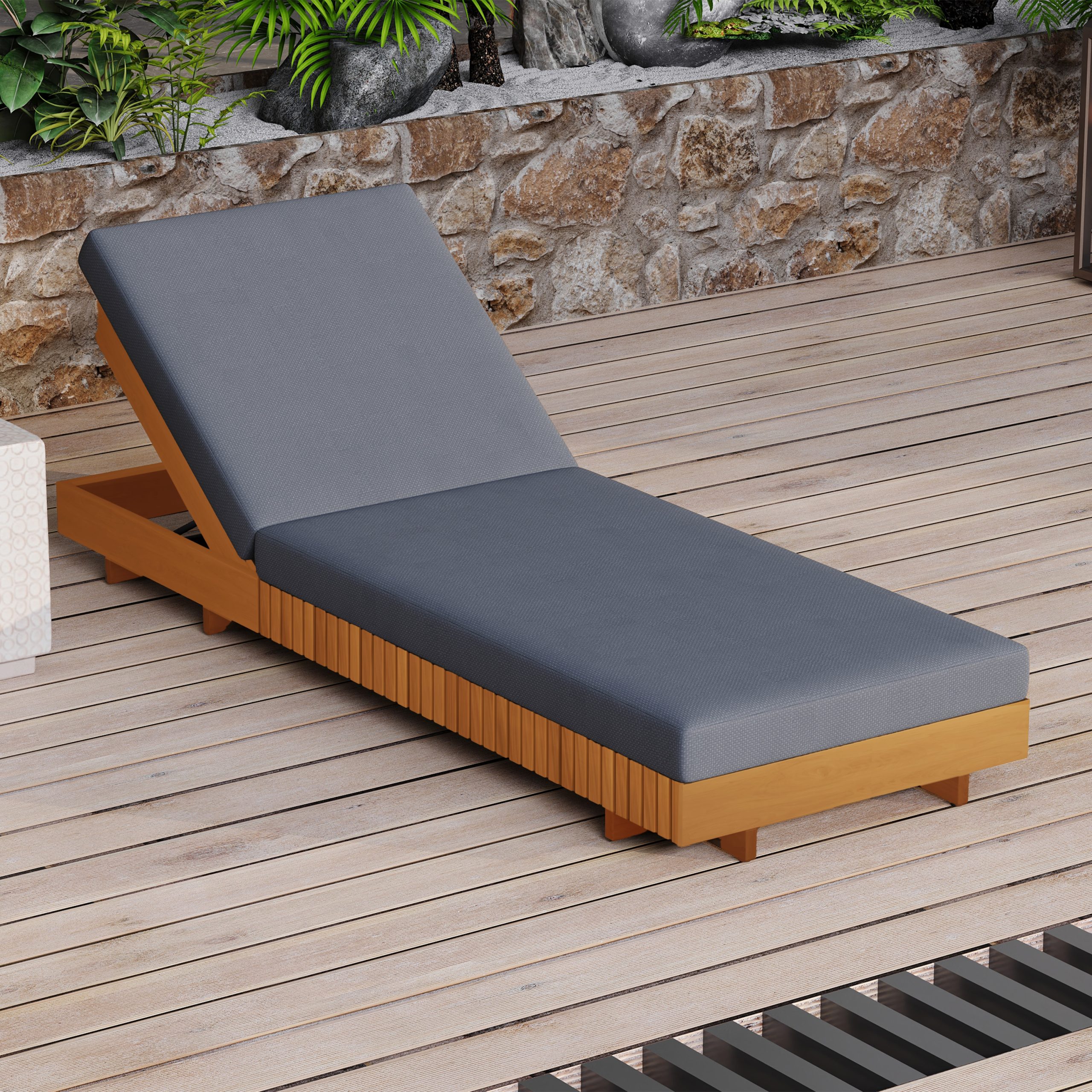 Lounge chaise Set, Acacia solid wood with LOUNGE CUSHION (Dark Grey) – Matching Cream Version Available