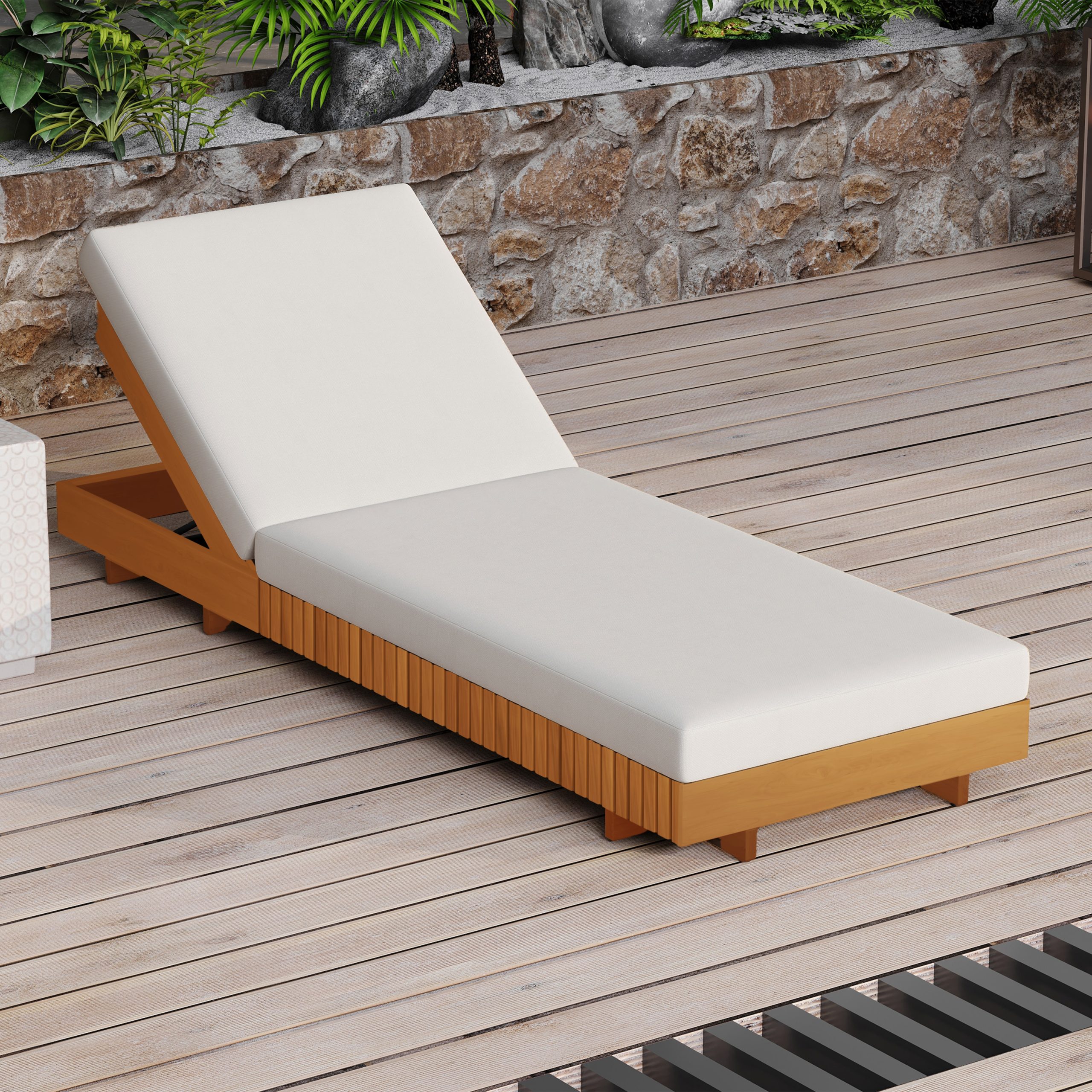 LOUNGE CHAISE SET, ACACIA SOLID WOOD WITH LOUNGE CUSHION (Cream) – Matching Dark Grey Version Available