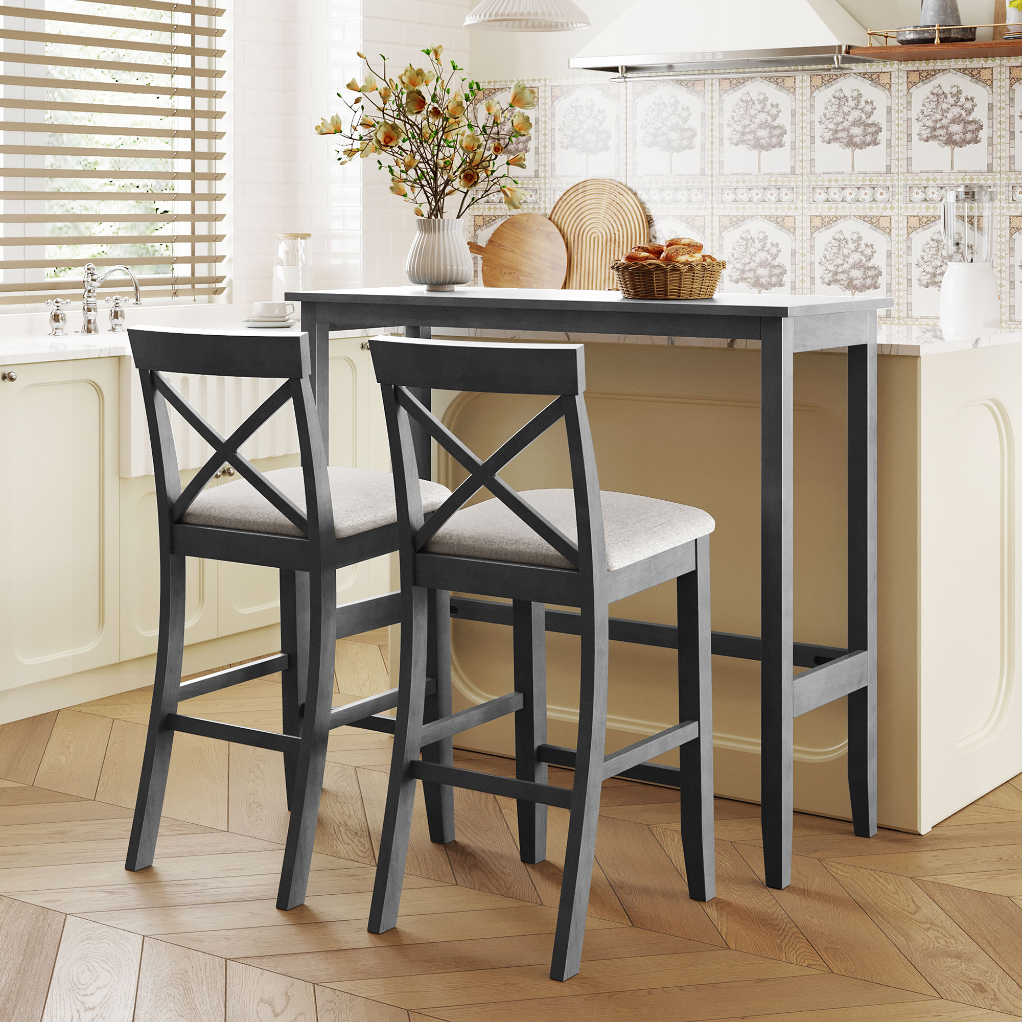 TOPMAX Farmhouse 48″Rectangular Wood Bar Height Dining Set Kitchen Breakfast Nook with 2 Chairs for Small Places,Gray+Beige