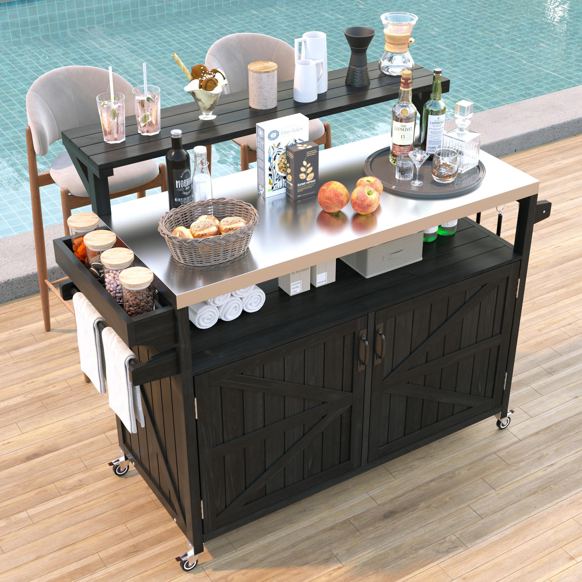 K&K 53.3″ Outdoor Kitchen Island with Raised Shelf, Solid Wood Storage Cabinet with Stainless Steel Top, Outdoor Rolling Grill Cart with Internal Storage Rack, Adjustable Shelf, Spice Rack, Black