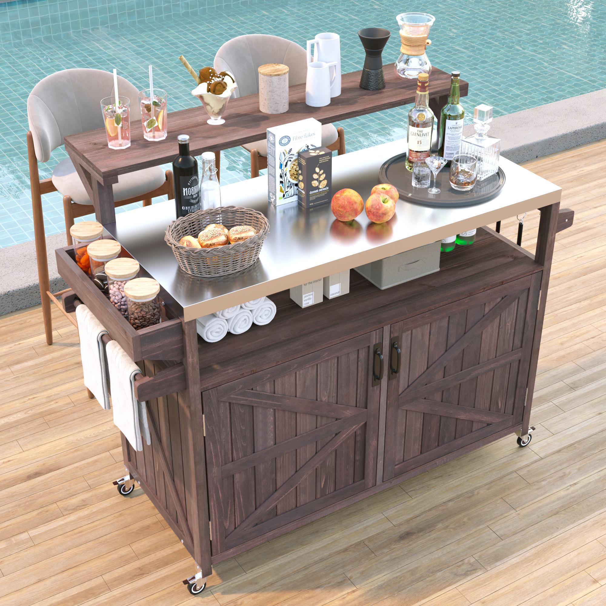 K&K 53.3″ Outdoor Kitchen Island with Raised Shelf, Solid Wood Storage Cabinet with Stainless Steel Top, Outdoor Rolling Grill Cart with Internal Storage Rack, Adjustable Shelf, Spice Rack, Brown