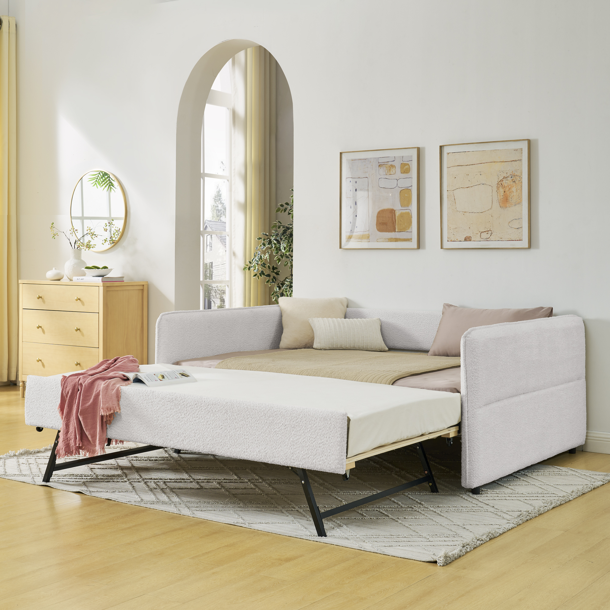 Daybed with Trundle Upholstered Tufted Sofa Bed, Full Size, Boucle Fabric, Beige(83″x58.5″x29.5″)