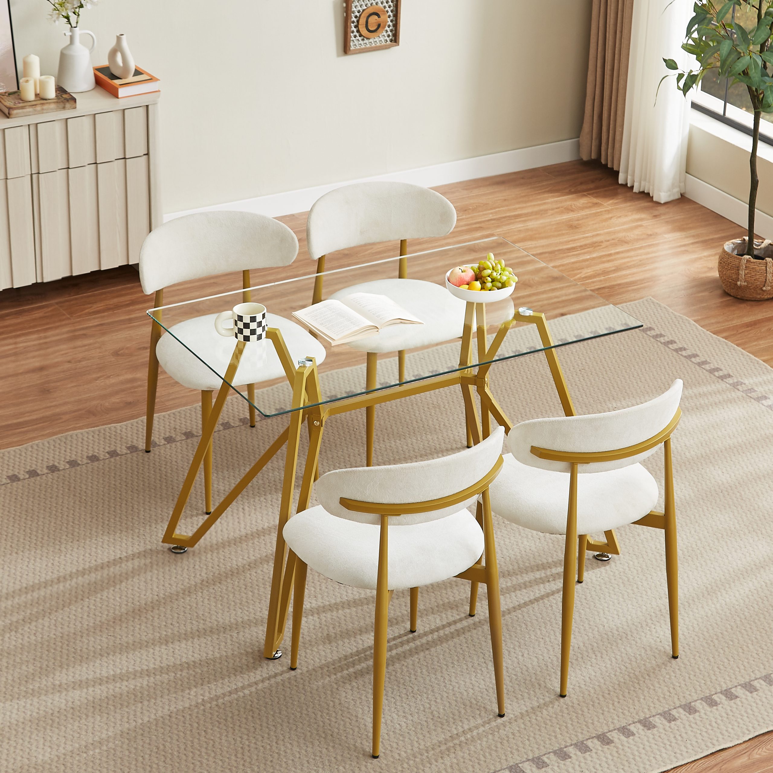 47.3-inch rectangular glass dining table, suitable for 1-6 people, modern style home kitchen dining table, equipped with sturdy metal table legs,suitable for dining room,living rooms, offices, Gold