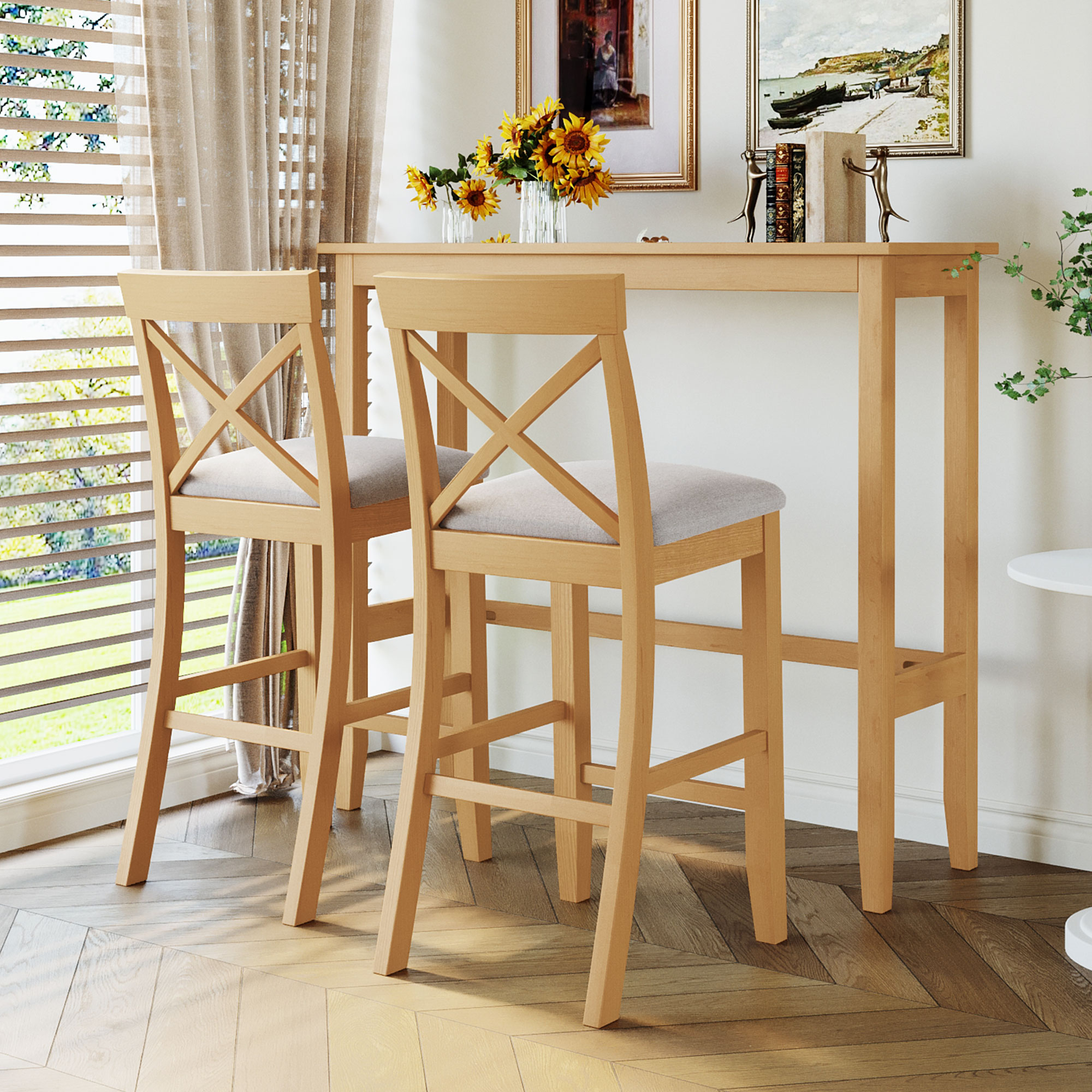 TOPMAX Farmhouse 48″Rectangular Wood Bar Height Dining Set Kitchen Breakfast Nook with 2 Chairs for Small Places,Natural+Beige
