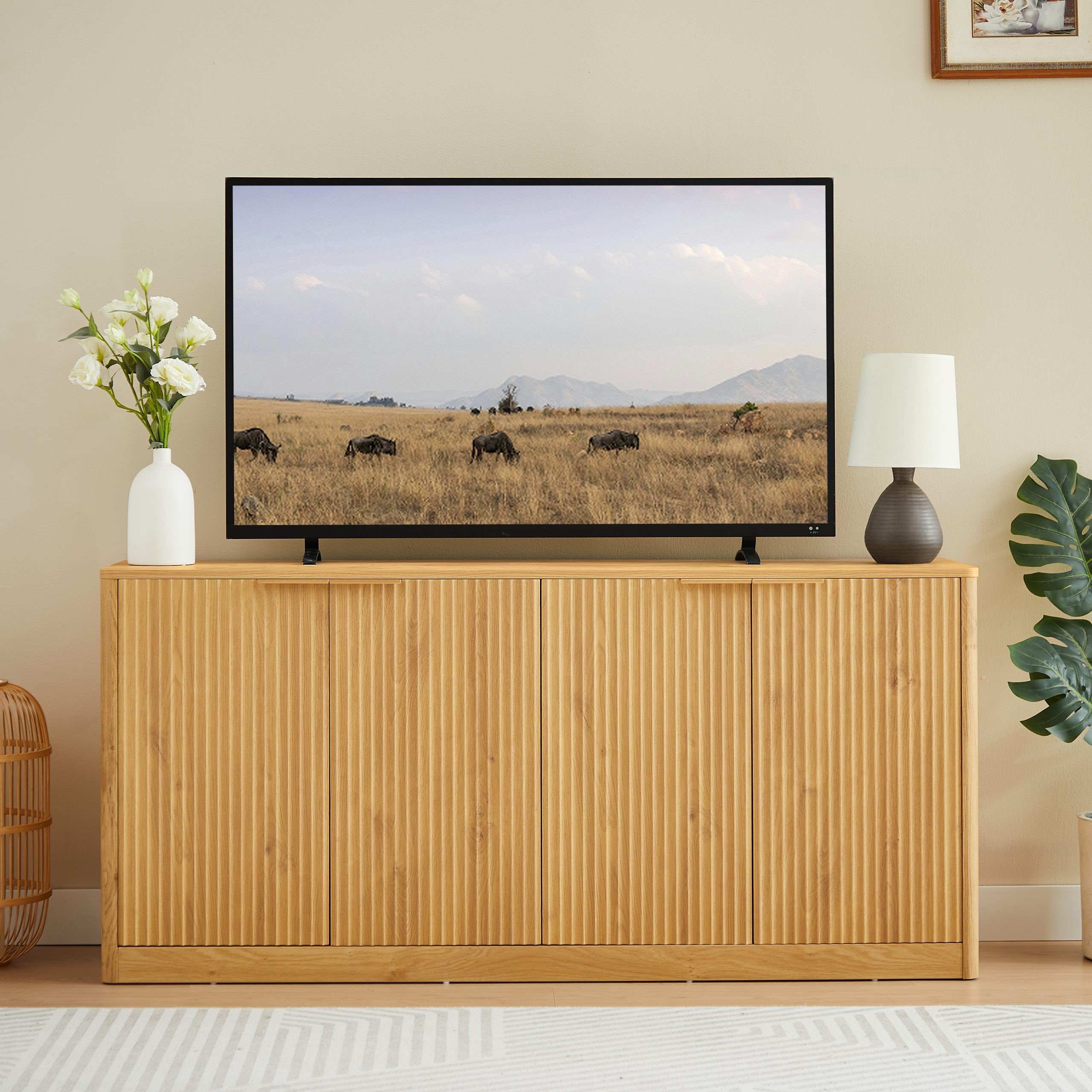 59-inch modern wavy sideboard, curved contour design storage cabinet, 4-door cabinet with storage function, suitable for kitchen/bedroom/living room, Natural, 59.0″L x 15.7″W x 27.7″H