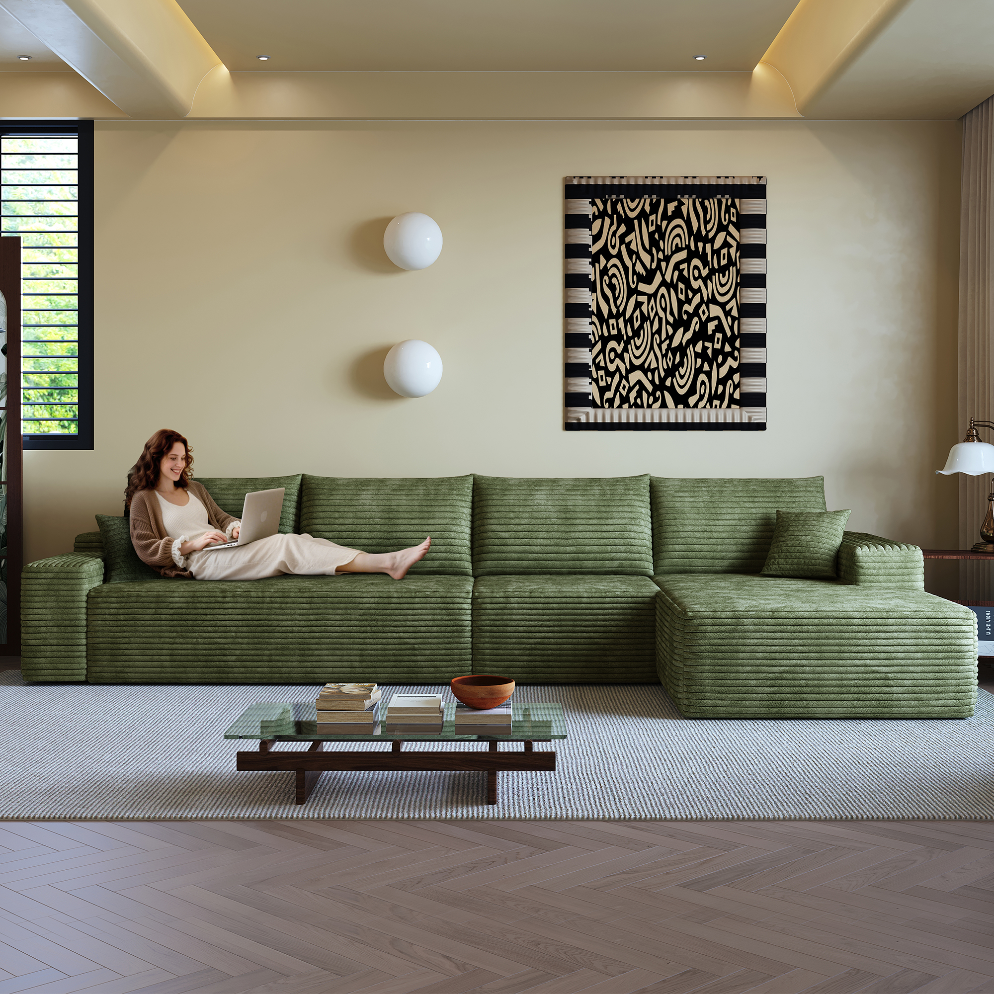 135″ Cloud Sectional Couch with L-Shape Chaise,Modern Modular Sofa with Deep Seat, Upholstered Couches for Living Room Bedroom,No Assembly Required, (Plush Corduroy Fabric),Green