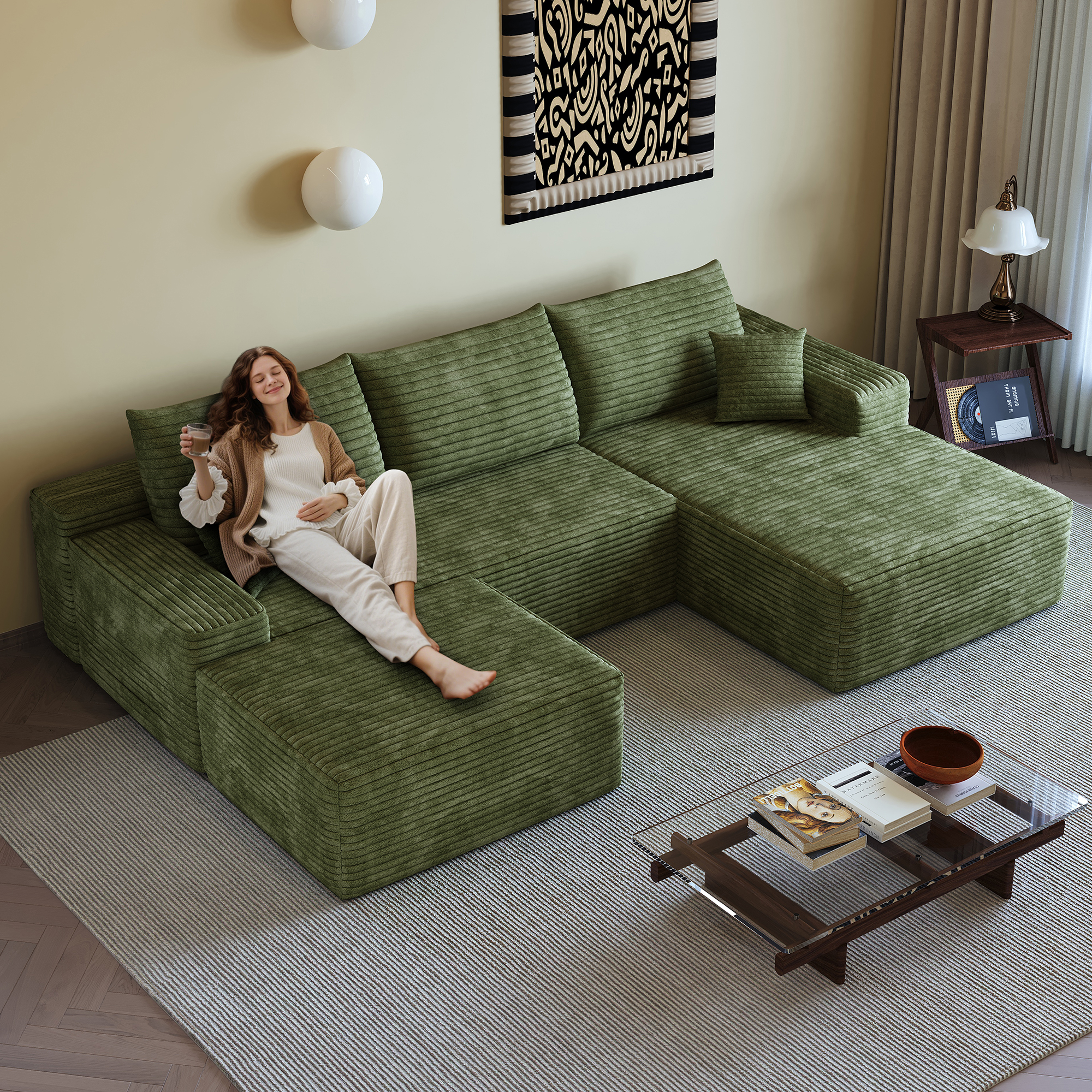 107″ Cloud Sectional Sofa with 1 Ottoman,Modern Minimalist Upholstered Couches, Comfort U Shaped Sofa for Living Room,Deep Seat Corner Couch,No Assembly Required (Plush Corduroy Fabric),Green