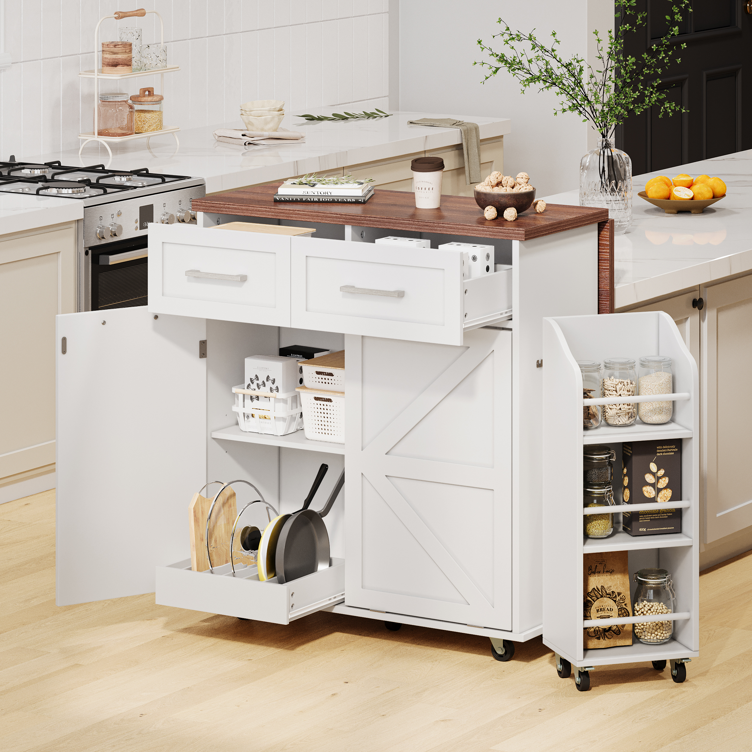 K&K 47.2″ Farmhouse Kitchen Island with Drop Leaf, Kitchen Storage Island with Removable Side Racks, Two Drawers, Rolling Kitchen Cart on Wheels with Towel Rack, for Home, Kitchen, Dining Room, White