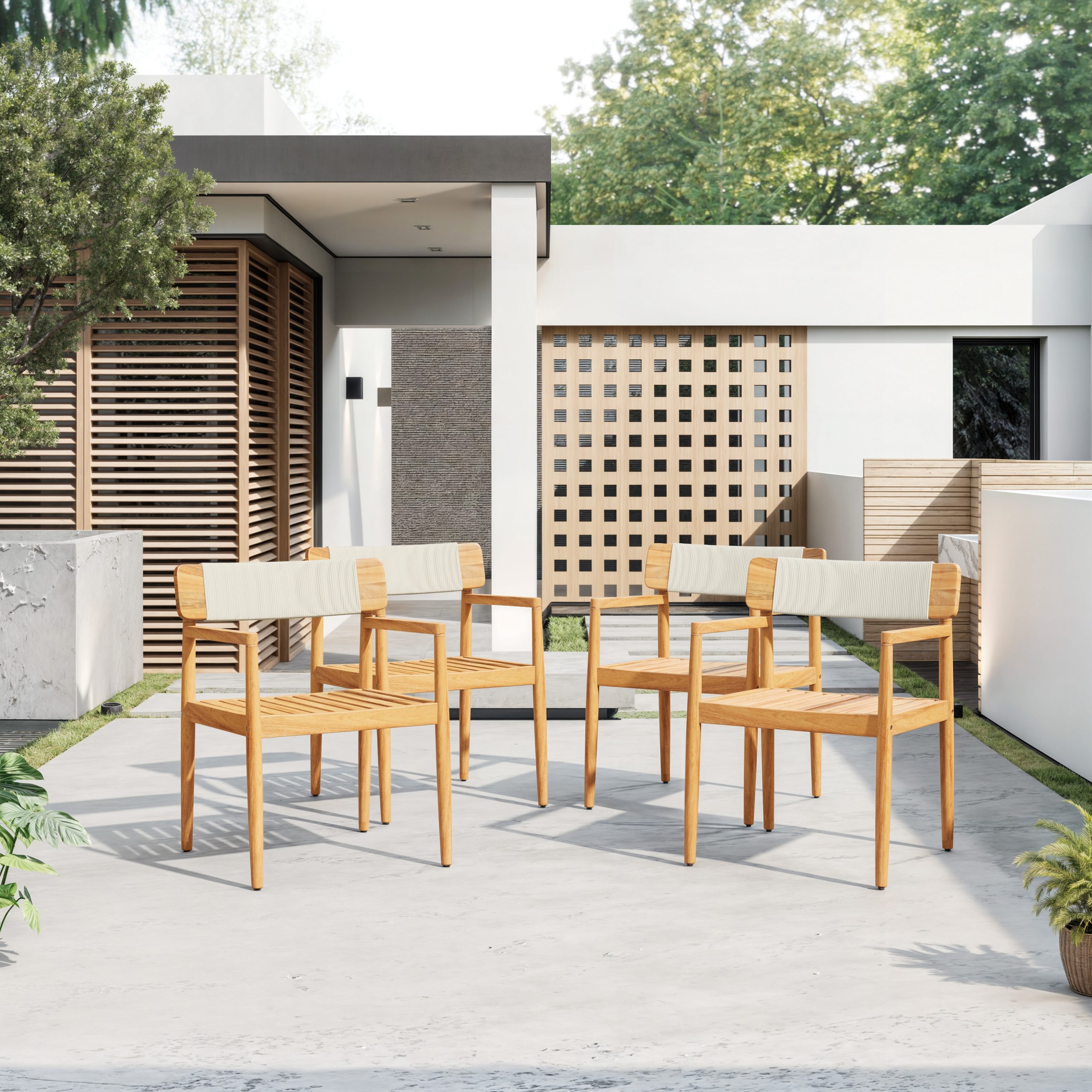 4-Piece Patio Furniture Set,Braided Acacia Wood Outdoor Dining Chairs with Armrests,Teak Look & White Rope Weave, All-Weather Garden, Backyard, Poolside Dining and Leisure