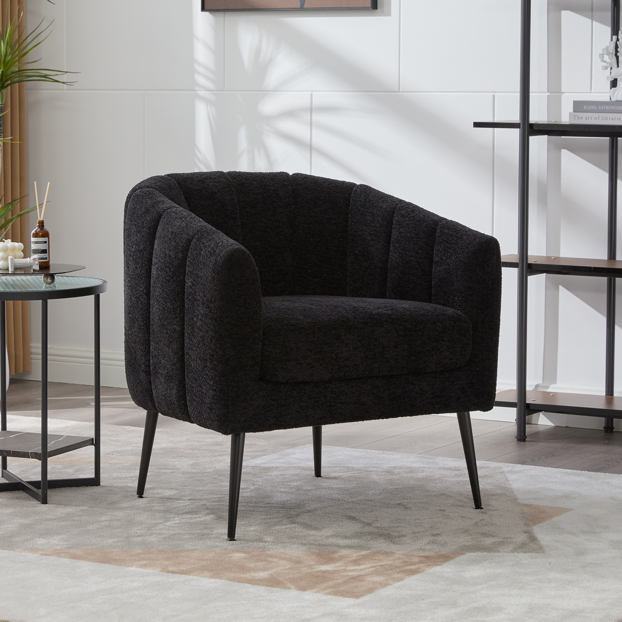 29.9” Modern Upholstered Chenille Vanity Barrel Accent Chair with Metal Legs, Channel Tufted Lounge Chair Single Sofa Round Leisure Armchair for Bedroom Living Room Reception Study Room Office,Black