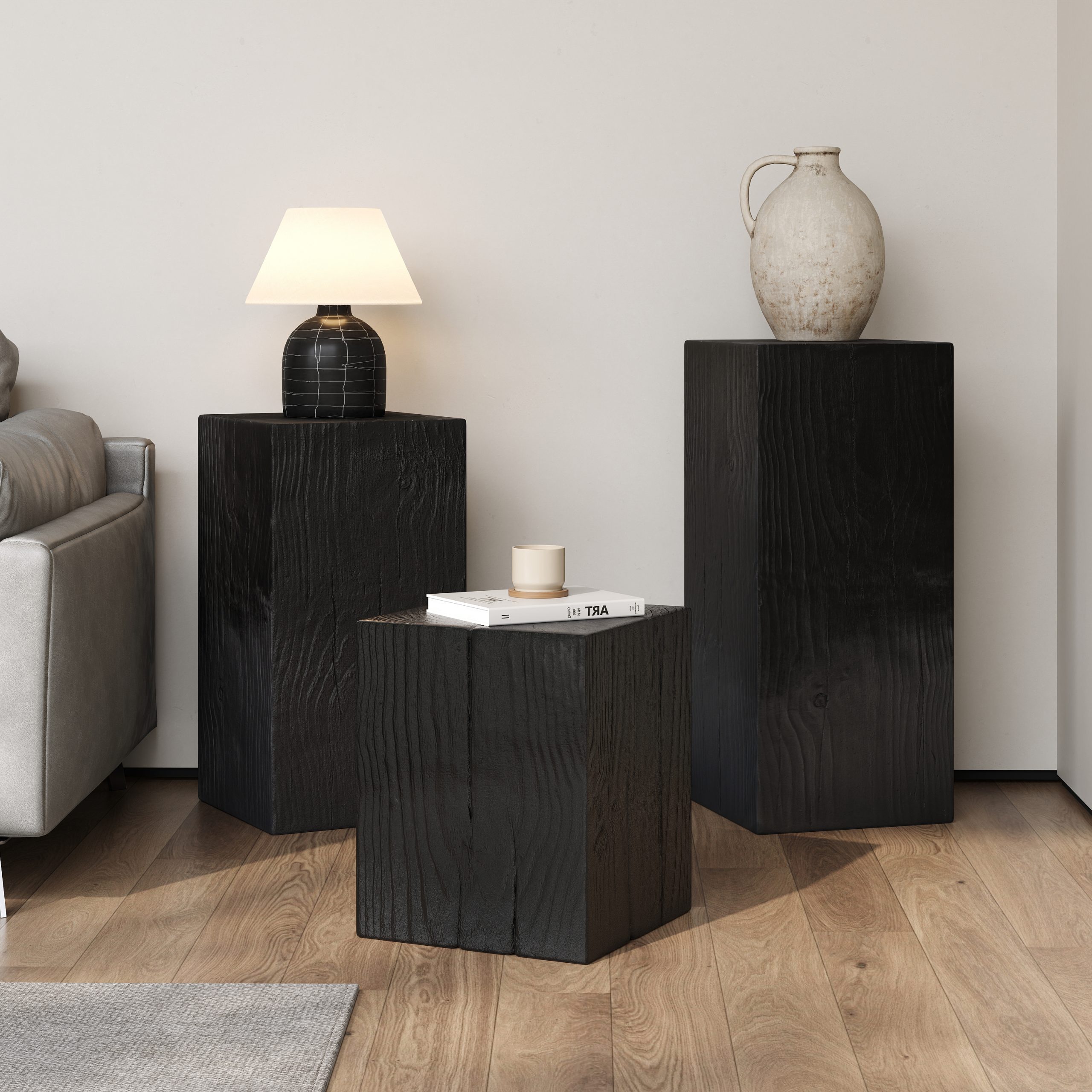 Retro natural style Side Table Set ,Stackable End Tables,Square-Column MGO Side Table for for Living Room, Bedroom, Office, Black Color
