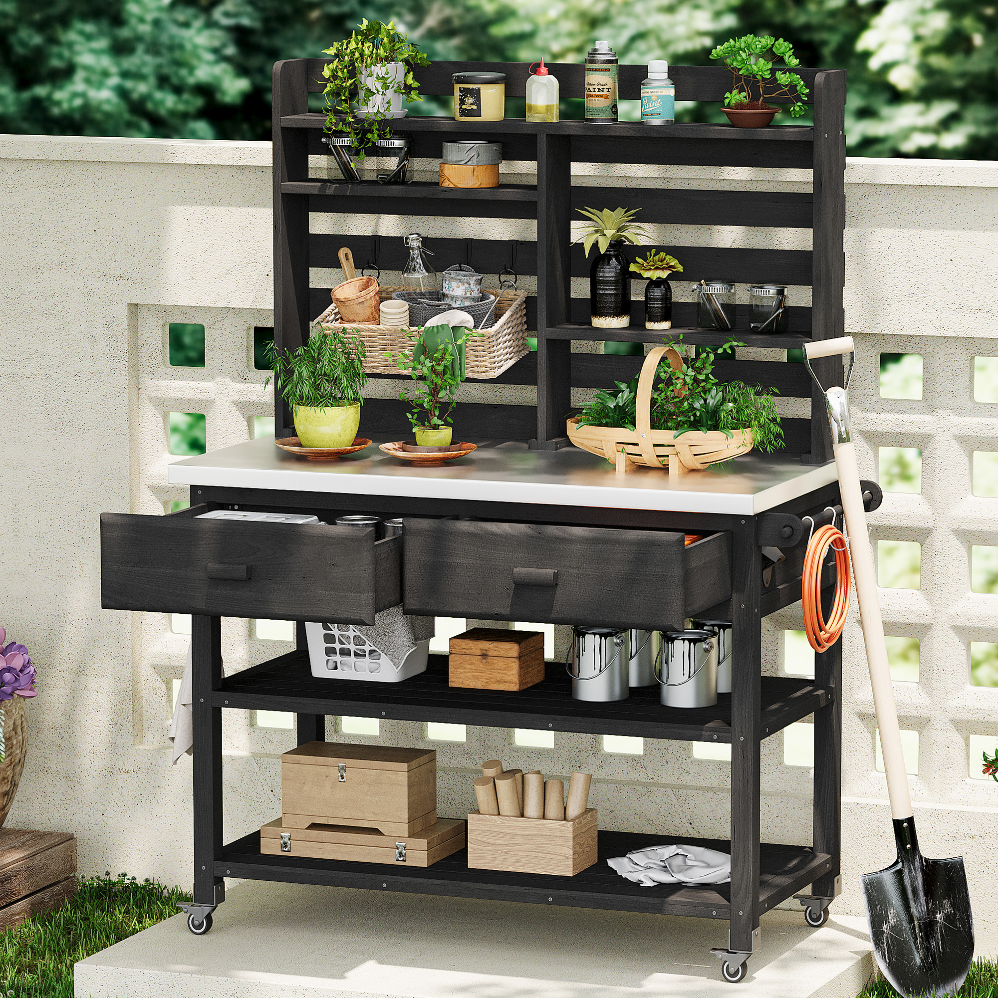 K&K 64.9″H Outdoor Potting Bench Table with Lockable Wheels, Solid Wood Outdoor Kitchen Island with Upper Hutch, Stainless Steel Top, Towel Rack ,Outdoor Storage for Grilling, Lawn Garden -Black