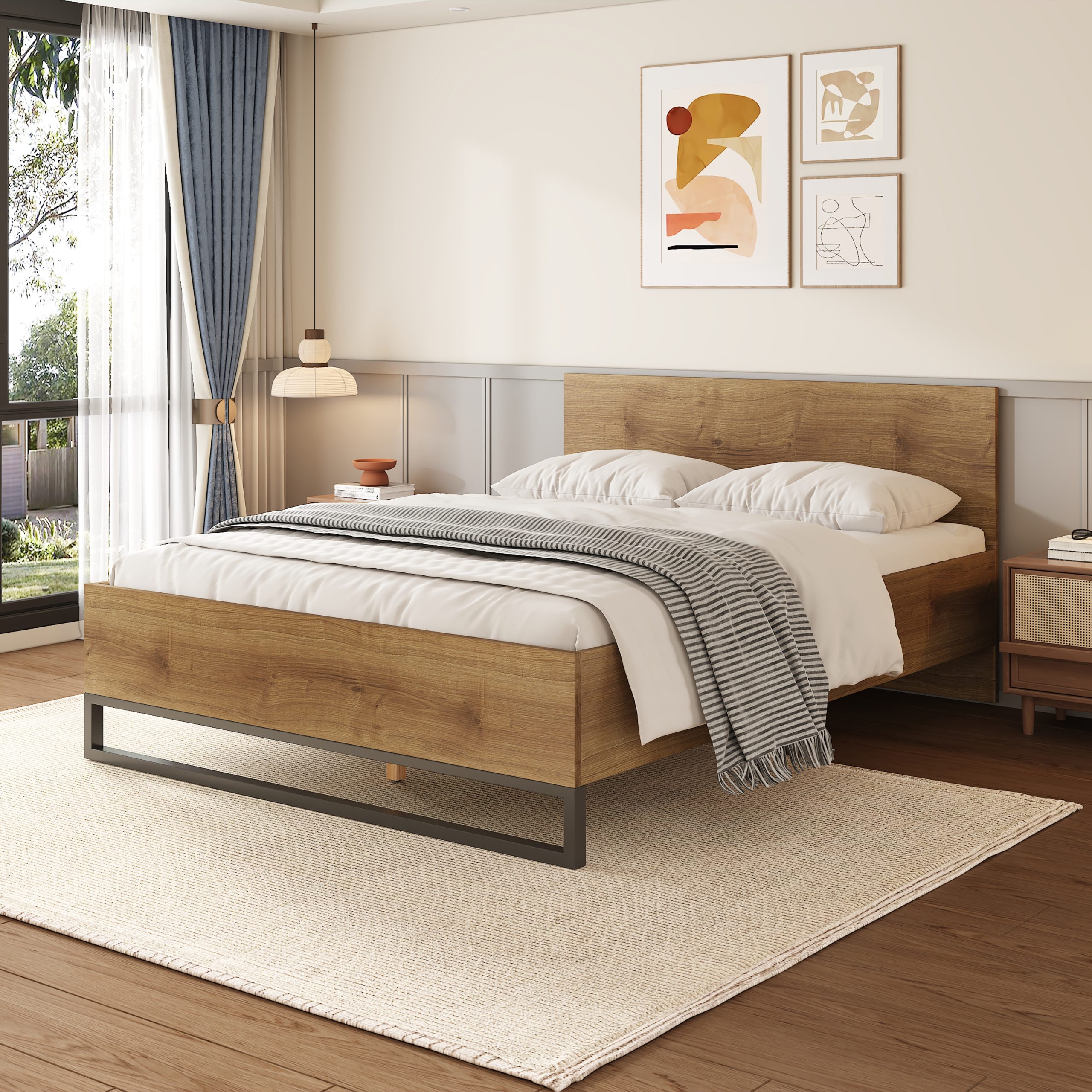 ENGINEERED WOOD  BED FRAME QUEEN SIZE,NATURAL & BLACK COLOR