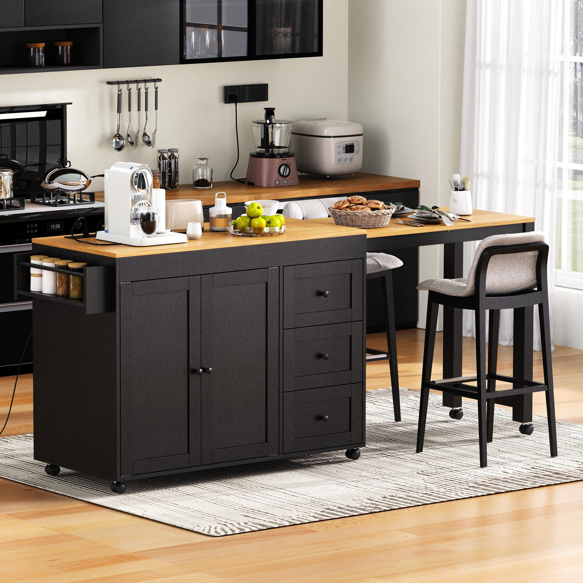 K&K 74.8″ Kitchen Island with Extendable Dining Table, Kitchen Storage Cart with 3 Drawers, Power Outlet, Rolling Kitchen Island on Wheels with Spice Rack and 2 Door Cabinet, for Kitchen, Black