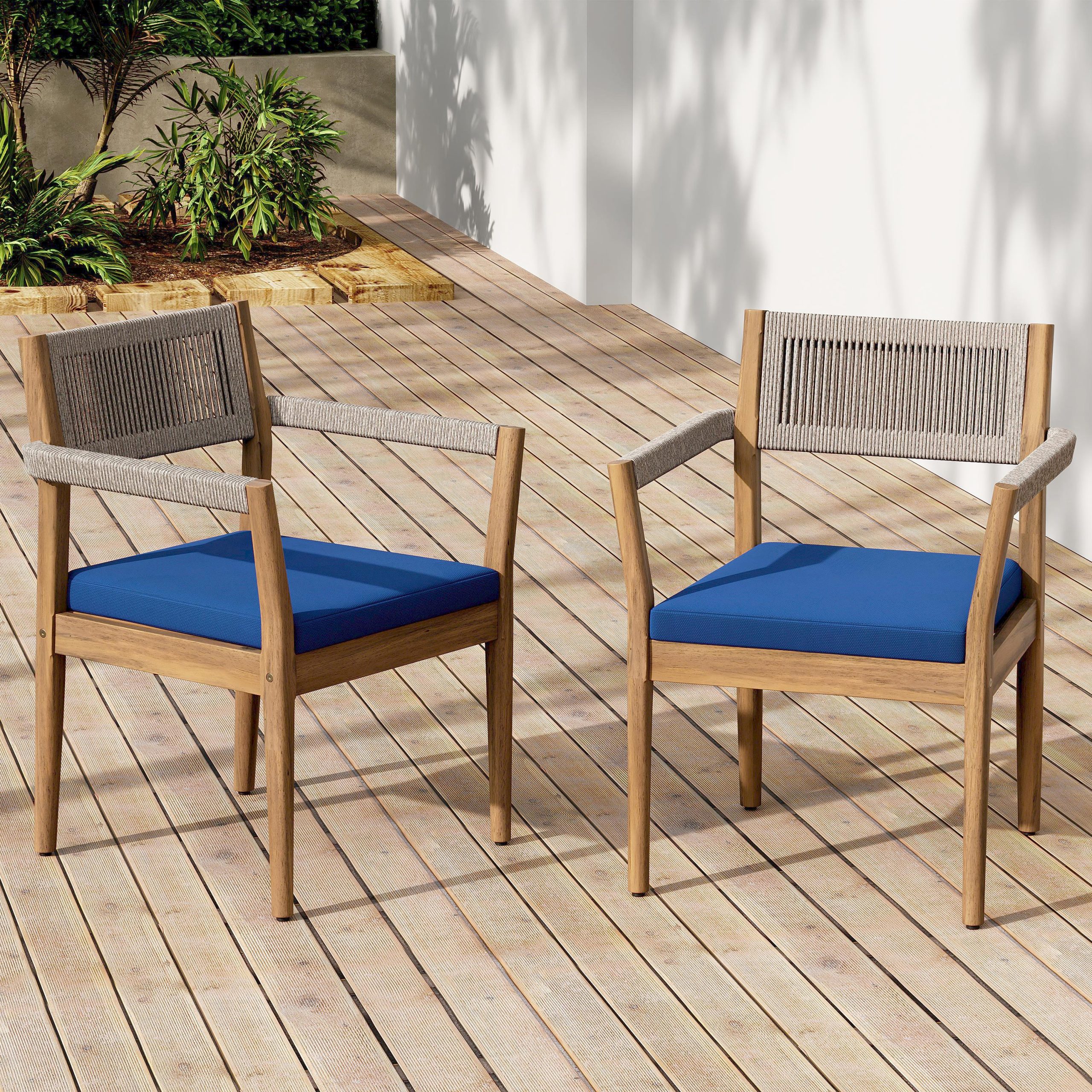 Braided Acacia Wood Outdoor Dining Chairs Set of 2 – Teak Look with Beige Rope & Navy Cushions, All-Weather Patio Furniture for Garden, Poolside, and Backyard (Durable & Stylish)