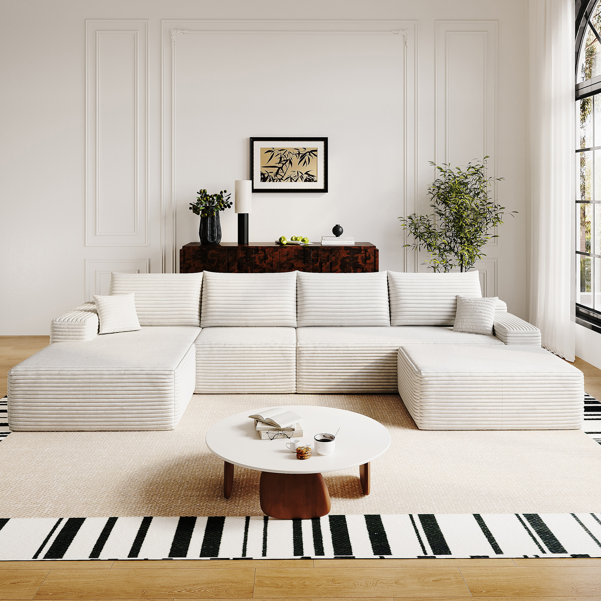 135″ Cloud Sectional Sofa with 1 Ottoman,Modern Minimalist Upholstered Couches, Comfort U Shaped Sofa for Living Room,Deep Seat Corner Couch,No Assembly Required,Black (Plush Corduroy Fabric),White