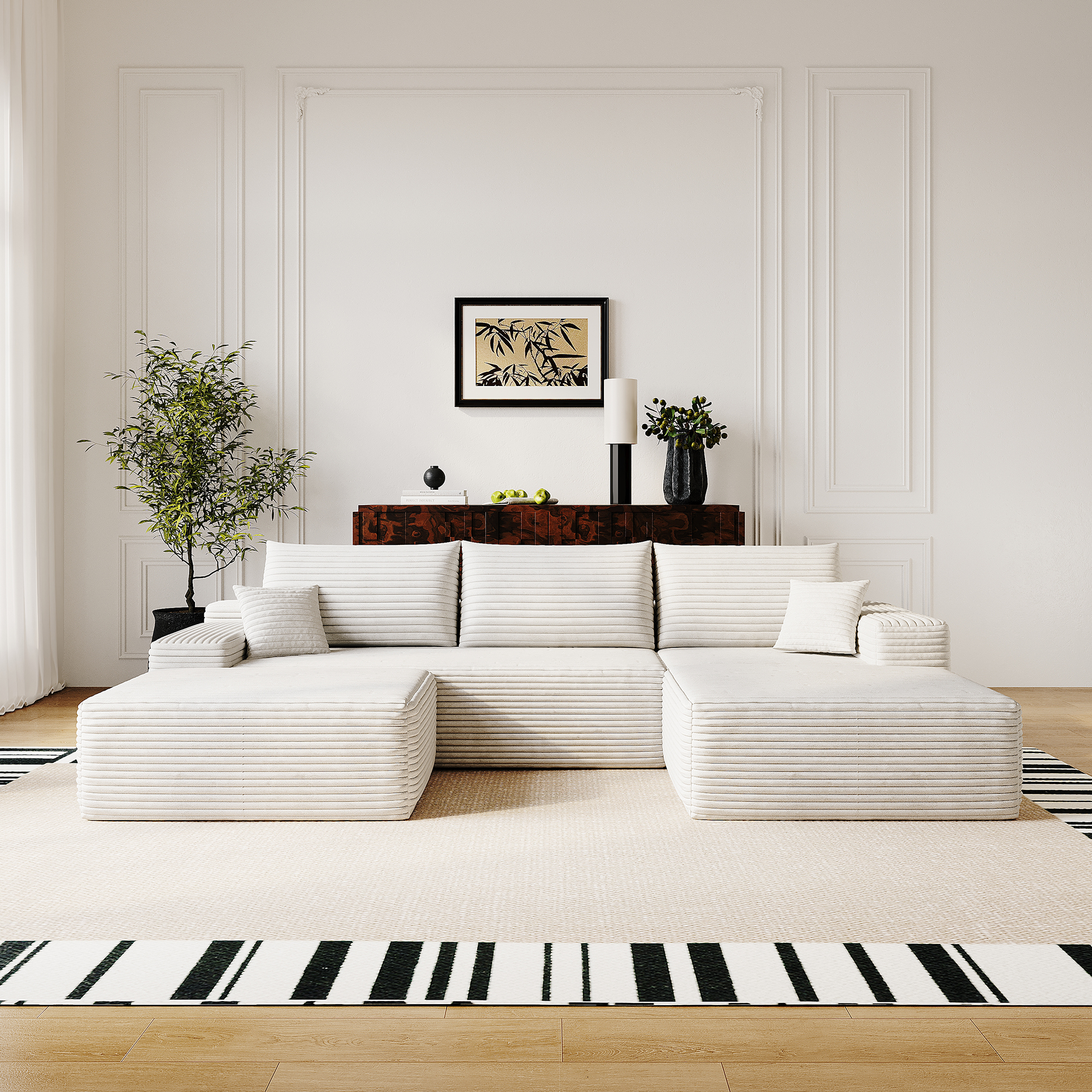 107″ Cloud Sectional Sofa with 1 Ottoman,Modern Minimalist Upholstered Couches, Comfort U Shaped Sofa for Living Room,Deep Seat Corner Couch,No Assembly Required (Plush Corduroy Fabric),White