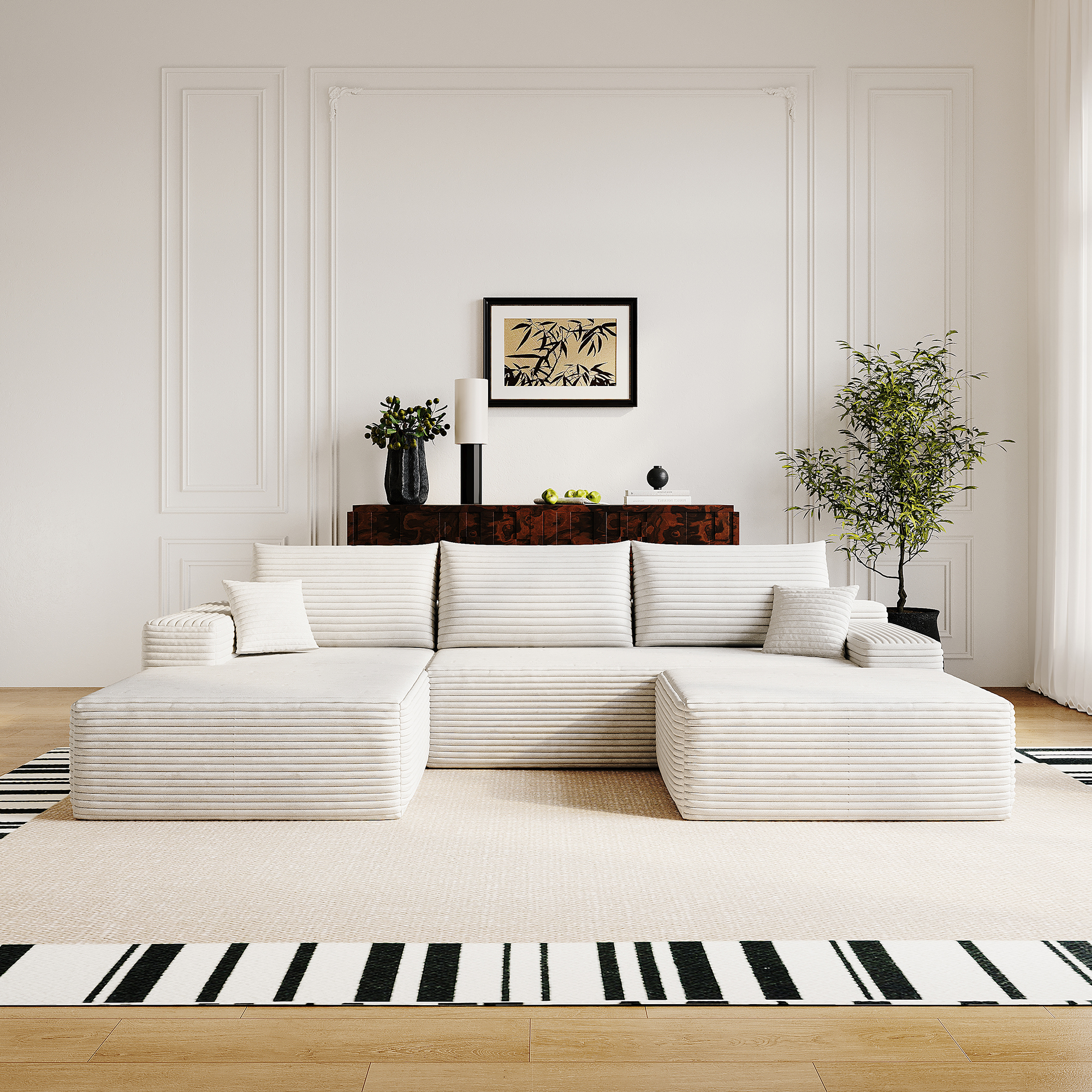 107″Cloud Sectional Sofa with 1 Ottoman,Modern Minimalist Upholstered Couches,Comfort U Shaped Sofa for Living Room,Deep Seat Corner Couch,No Assembly Required (Plush Corduroy Fabric),White