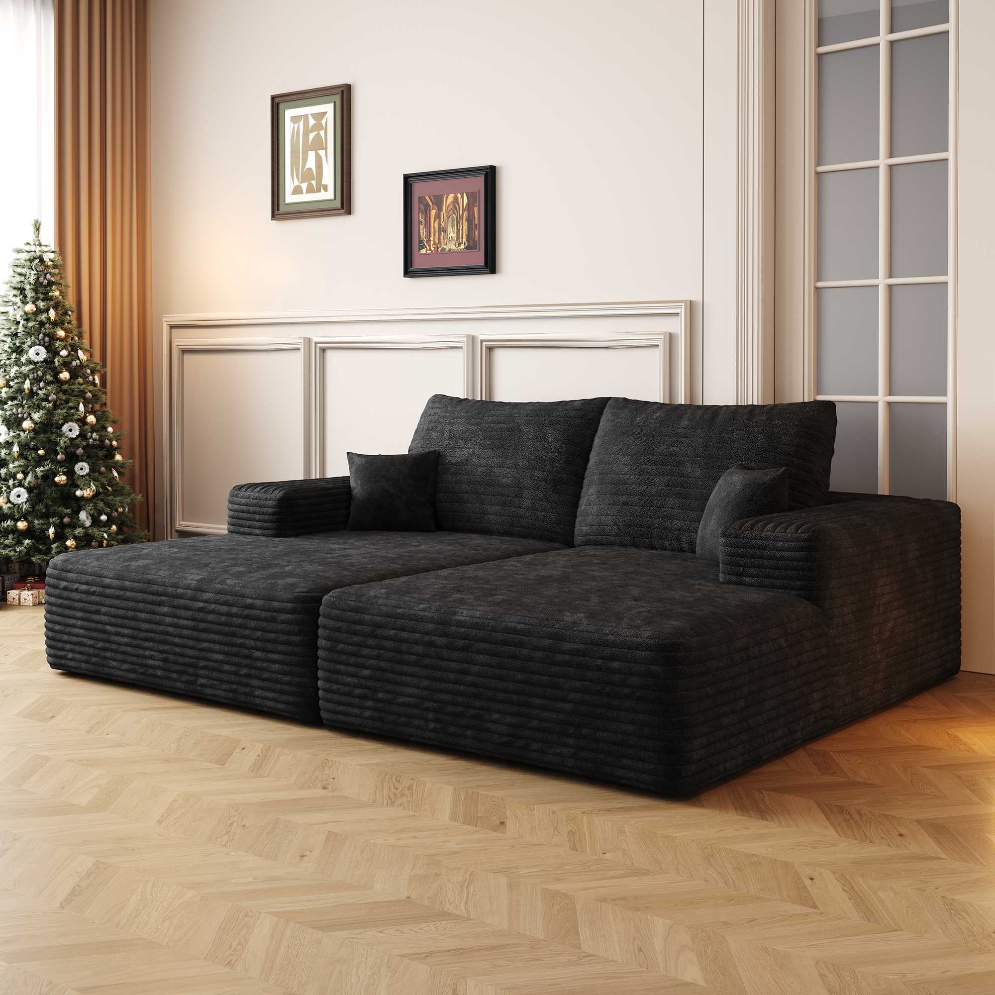 74.8″ Modern Sofa bed With Dual sleeper, lounger for moviebonus room,No Assembly Required,Black (Plush Corduroy Fabric)