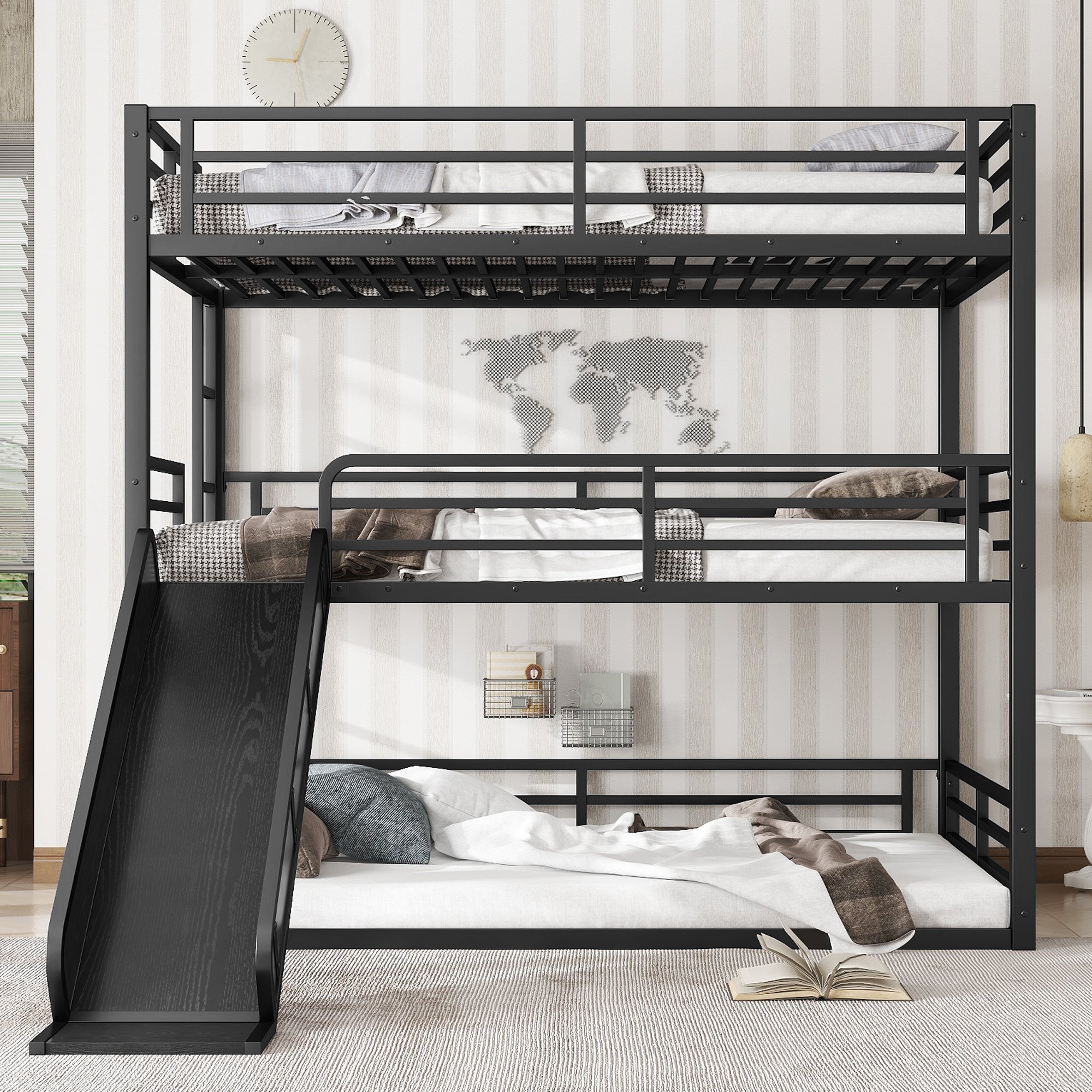 Full over Full over Full Bunk Bed with Slide, Metal Triple Bunk Bed with Safety Guardrails, Heavy-duty Bunk Bed with Noise-reduced Design, Black