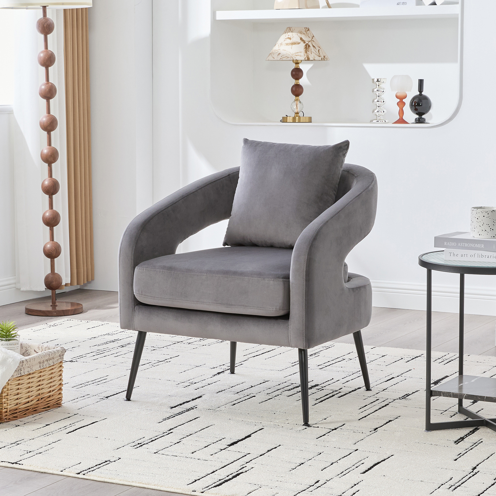Modern Upholstered Velvet Open Back Accent Chair Barrel Dining Chair with Metal Legs, Cozy Round Sofa Leisure Lounge Club Armchair for Living Room,Bedroom Reception Dining Room and Guestroom, Charcoal