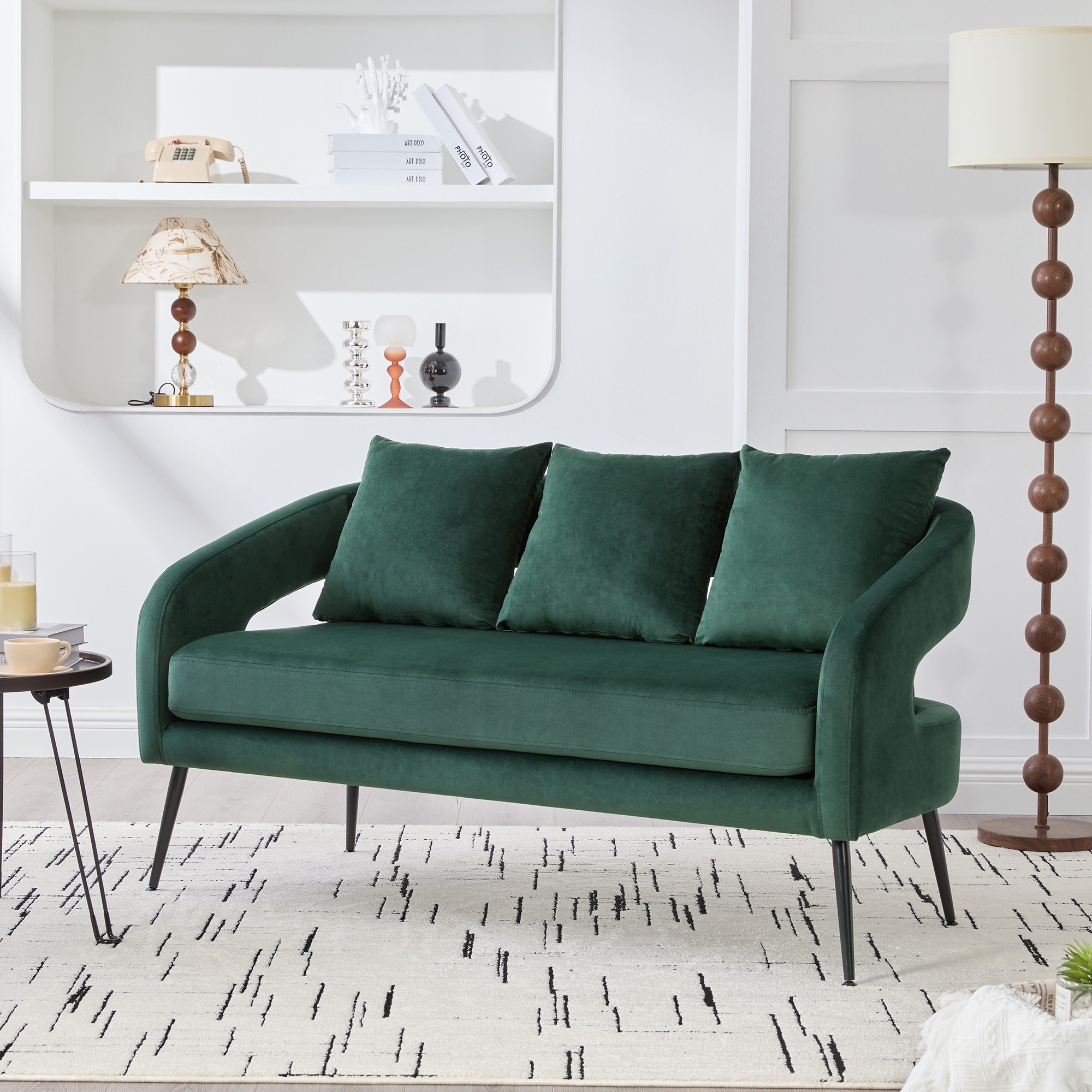 53.7″Modern Upholstered Velvet Open Back Loveseat Settee with 3 Pillows, Small Comfy Sofa 2-Seater Mini Sofa for Small Space with Metal Legs, Living Room Bedroom Office Dorm Studio Apartment, Green