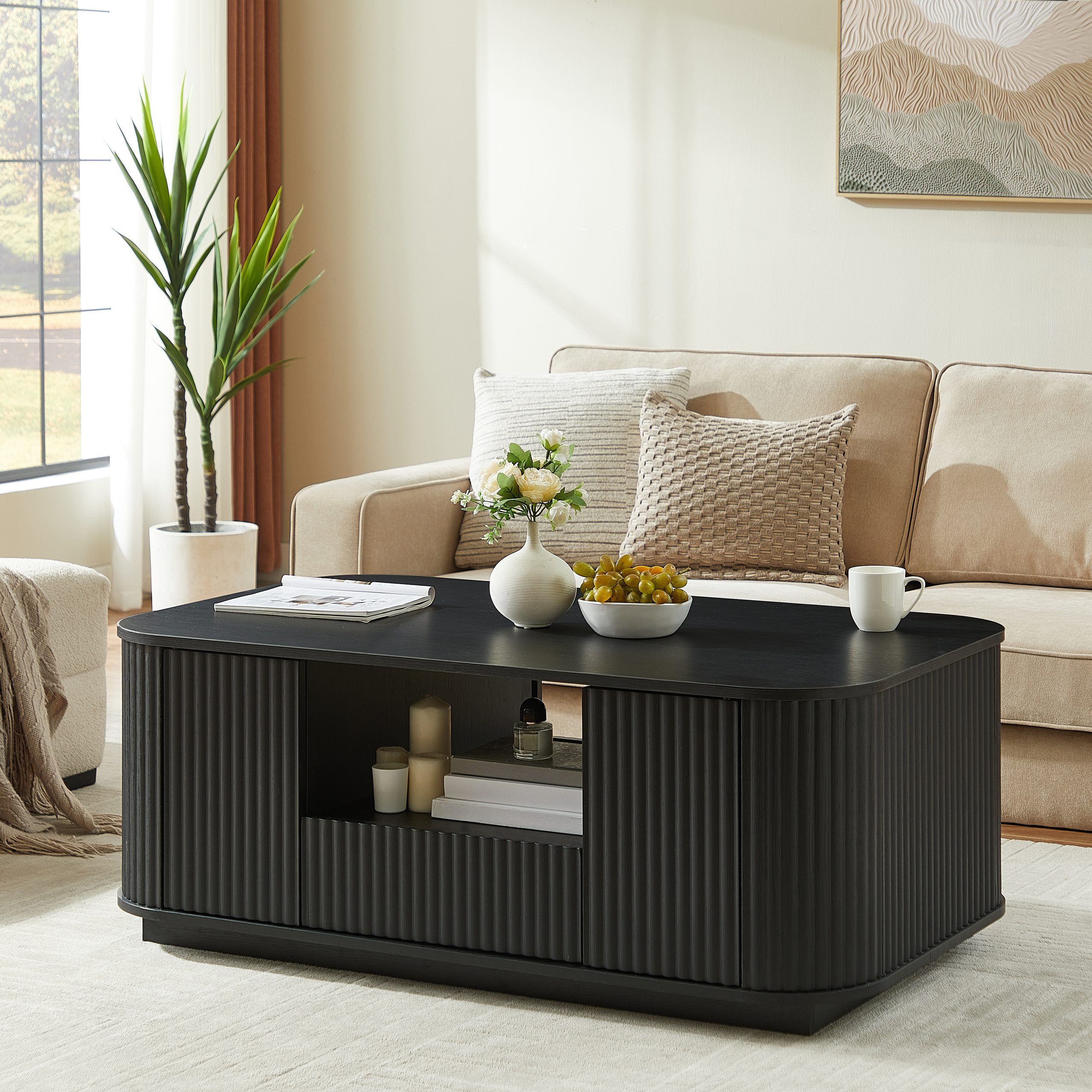 46.5″modern luxury oval coffee table with drawers and storage compartments, curved contour design, living room center coffee table, suitable for living rooms and offices, Black, 46.5″L*27.2″W*17.7″H