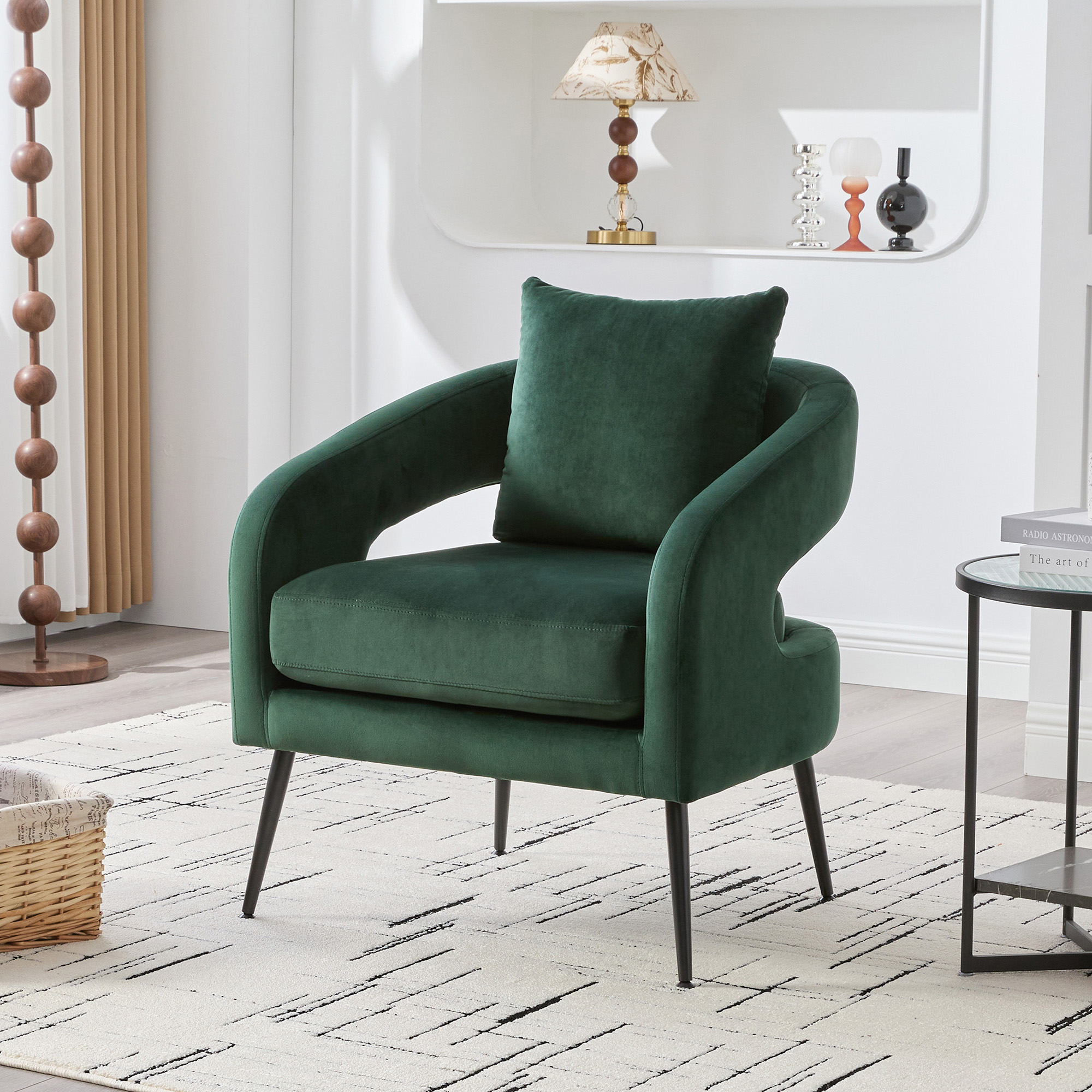 Modern Upholstered Velvet Open Back Accent Chair Barrel Dining Chair with Metal Legs, Cozy Round Sofa Leisure Lounge Club Armchair for Living Room,Bedroom Reception Dining Room and Guestroom, Green