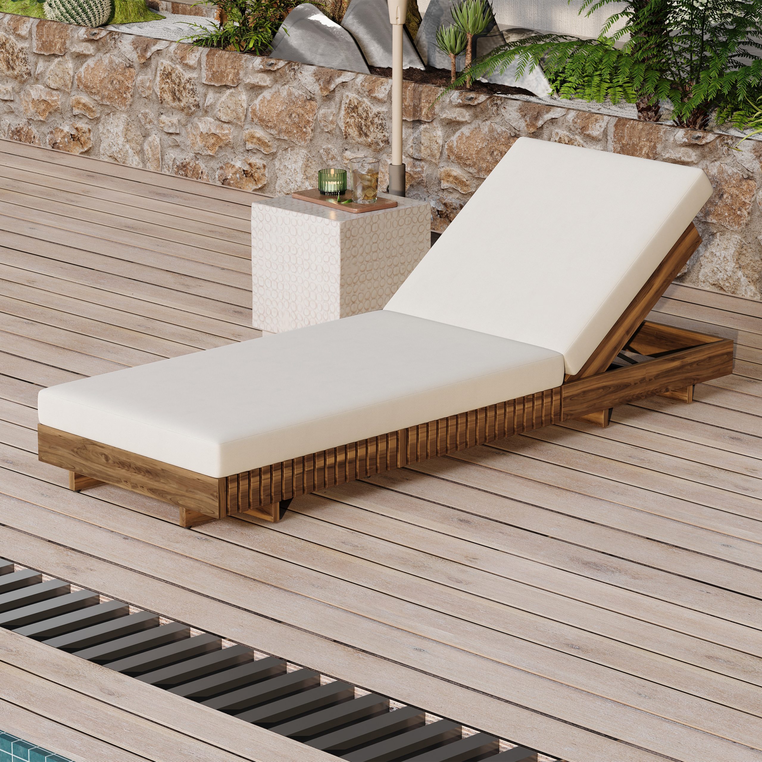 LOUNGE CHAISE SET, ACACIA SOLID WOOD WITH  LOUNGE CUSHION (Cream) – Matching Dark Grey Version Available