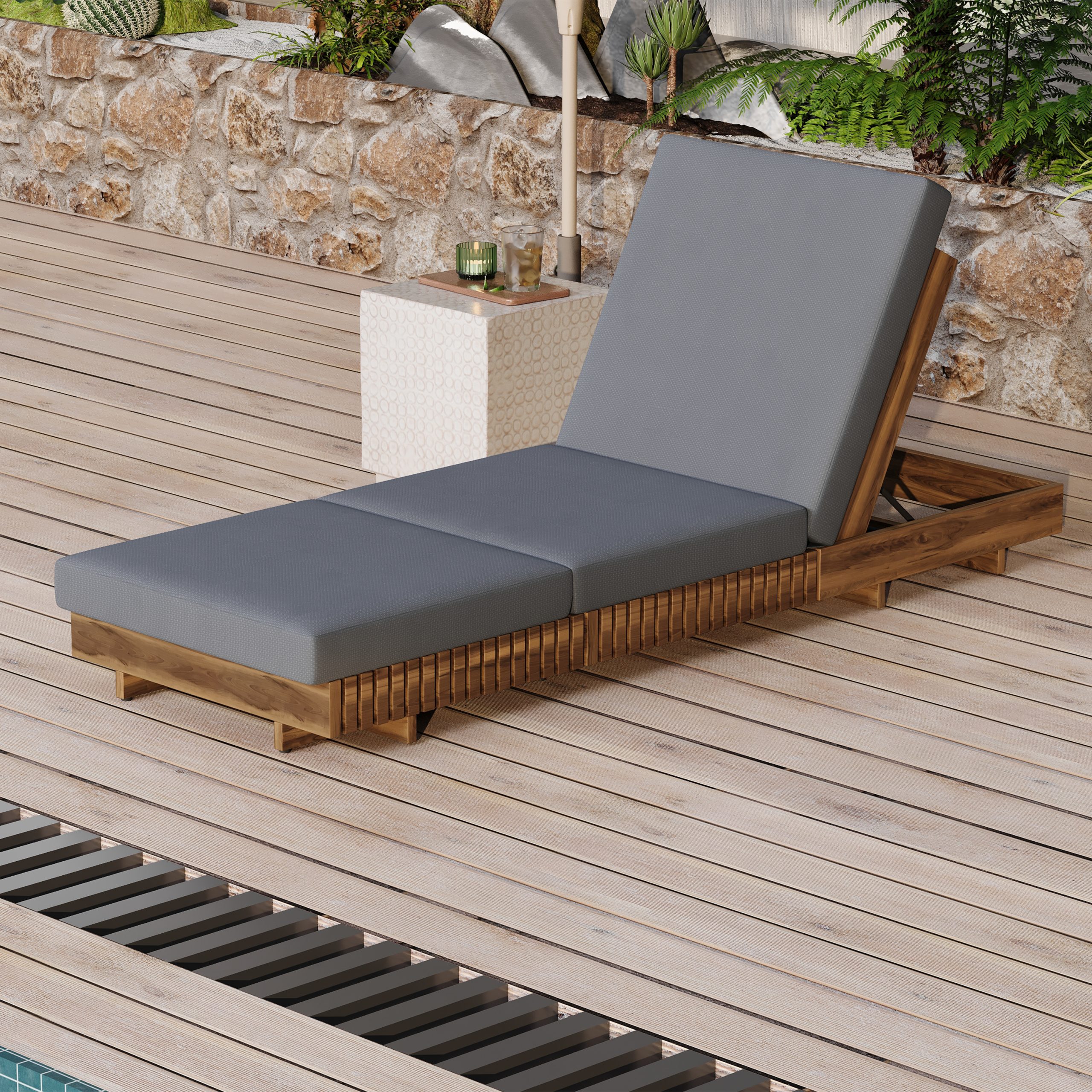 Lounge chaise Set, Acacia solid wood with  LOUNGE CUSHION (Dark Grey+TRIPLE FOLDS) – Matching Cream Version Available