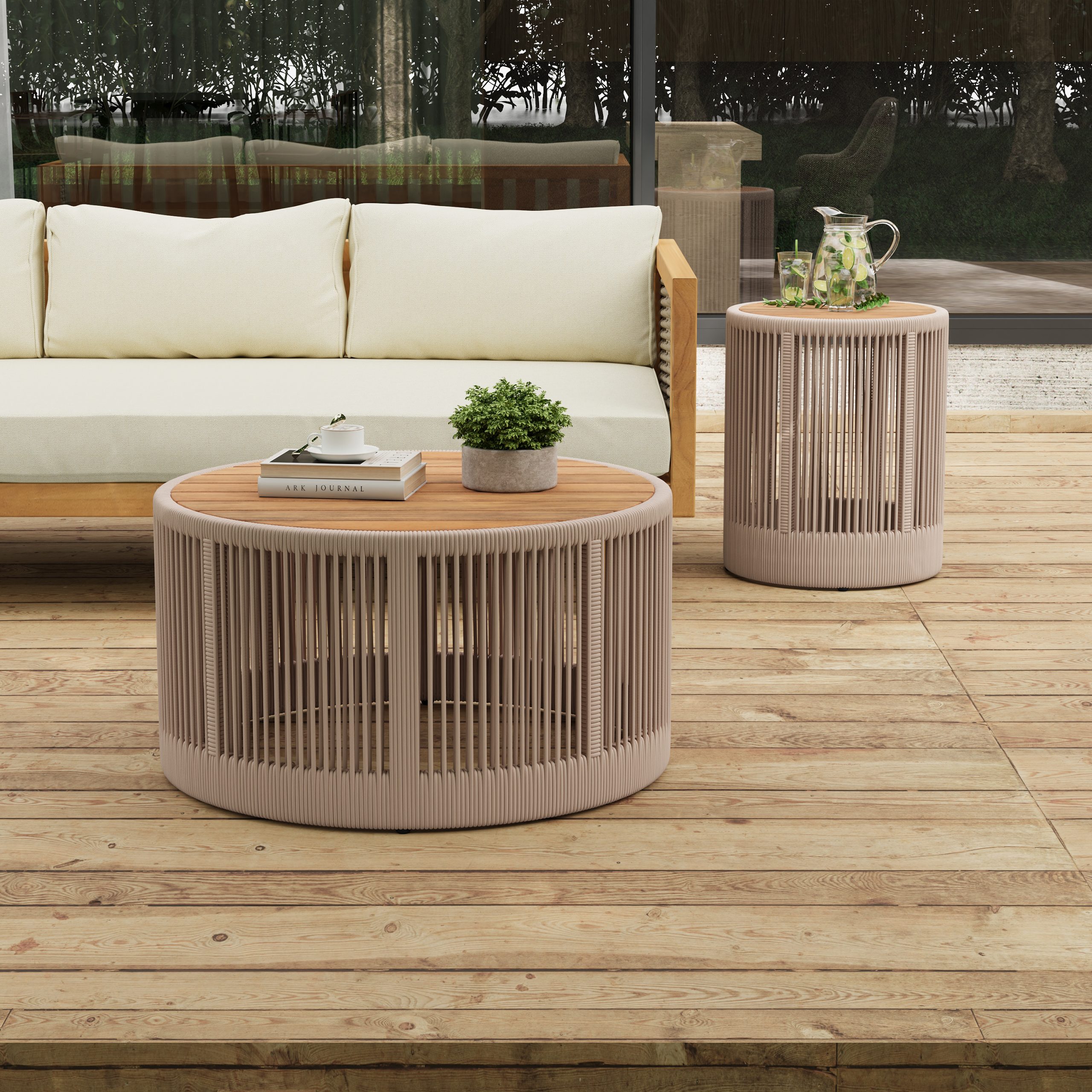 Rustic Industrial Table Set,Coffee Table & Side Table with Woven Rope Design, Modern Functionality Stylish Table Set for Living Room and Home Decor-Rope Beige