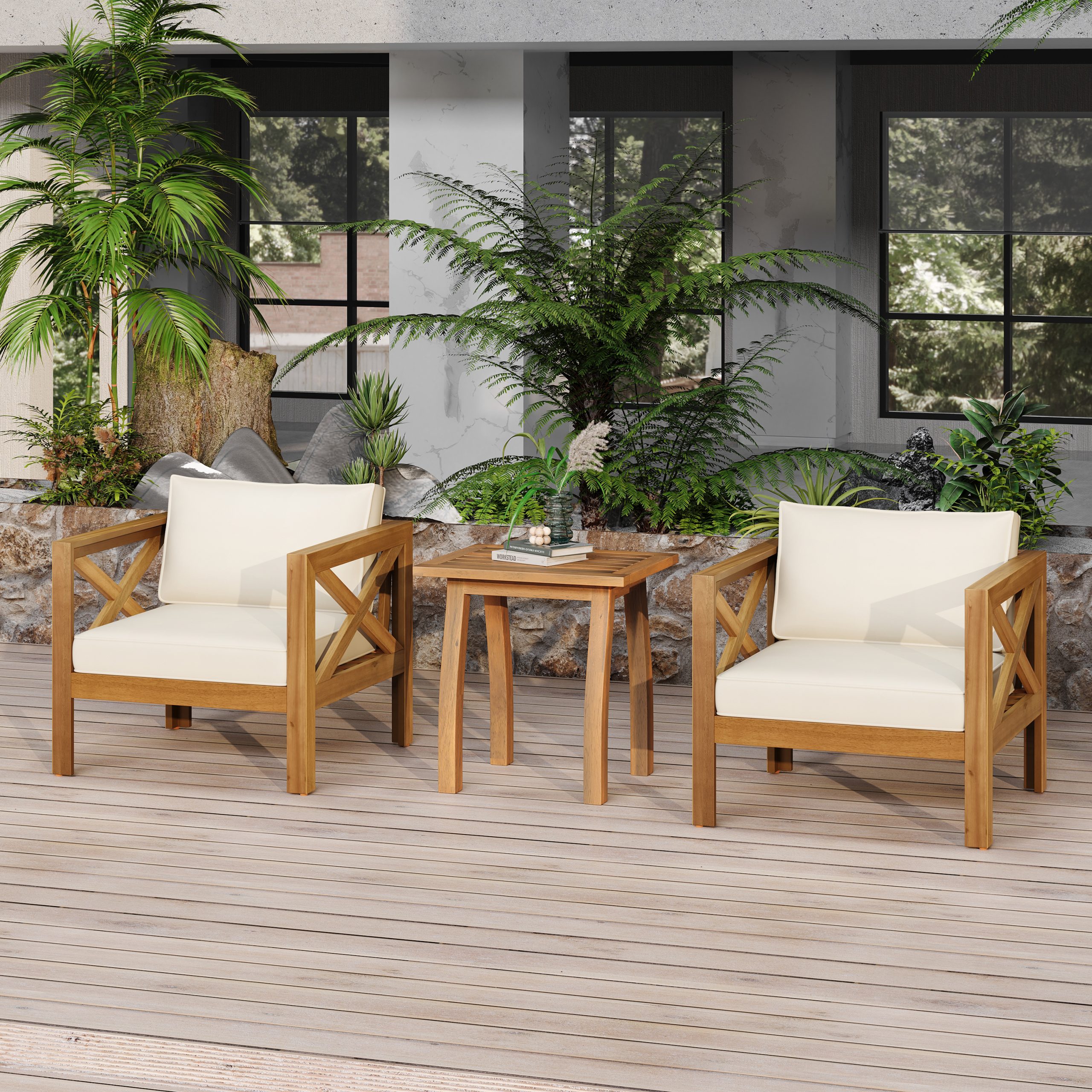 Patio Conversation Set, Outdoor Wood Leisure Seat(Set of 2),Armchair with Cushions,Selma Acacia Wood End Table ,Teak Finish,Beige cushion