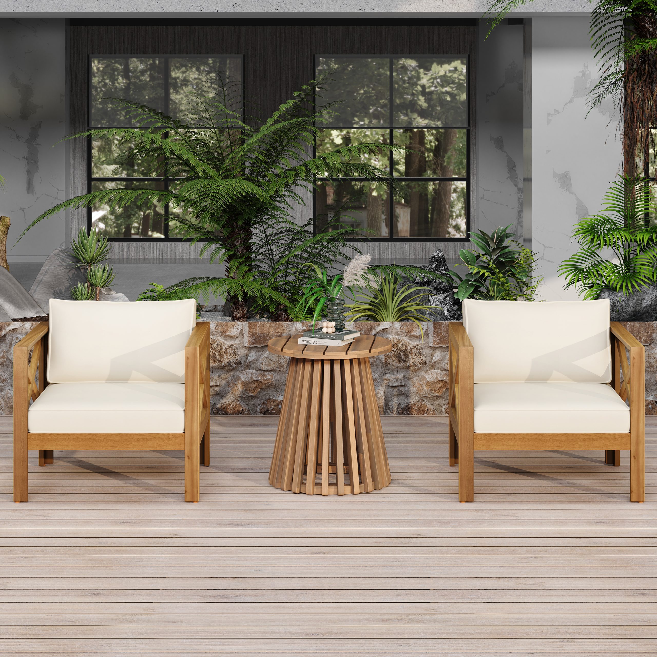 Patio Conversation Set, Outdoor Wood Leisure Seat(Set of 2),Armchair with Cushions,Acacia Wood Patio Side Table,for Backyard, Lawn, Balcony,Teak Finish,Beige cushion