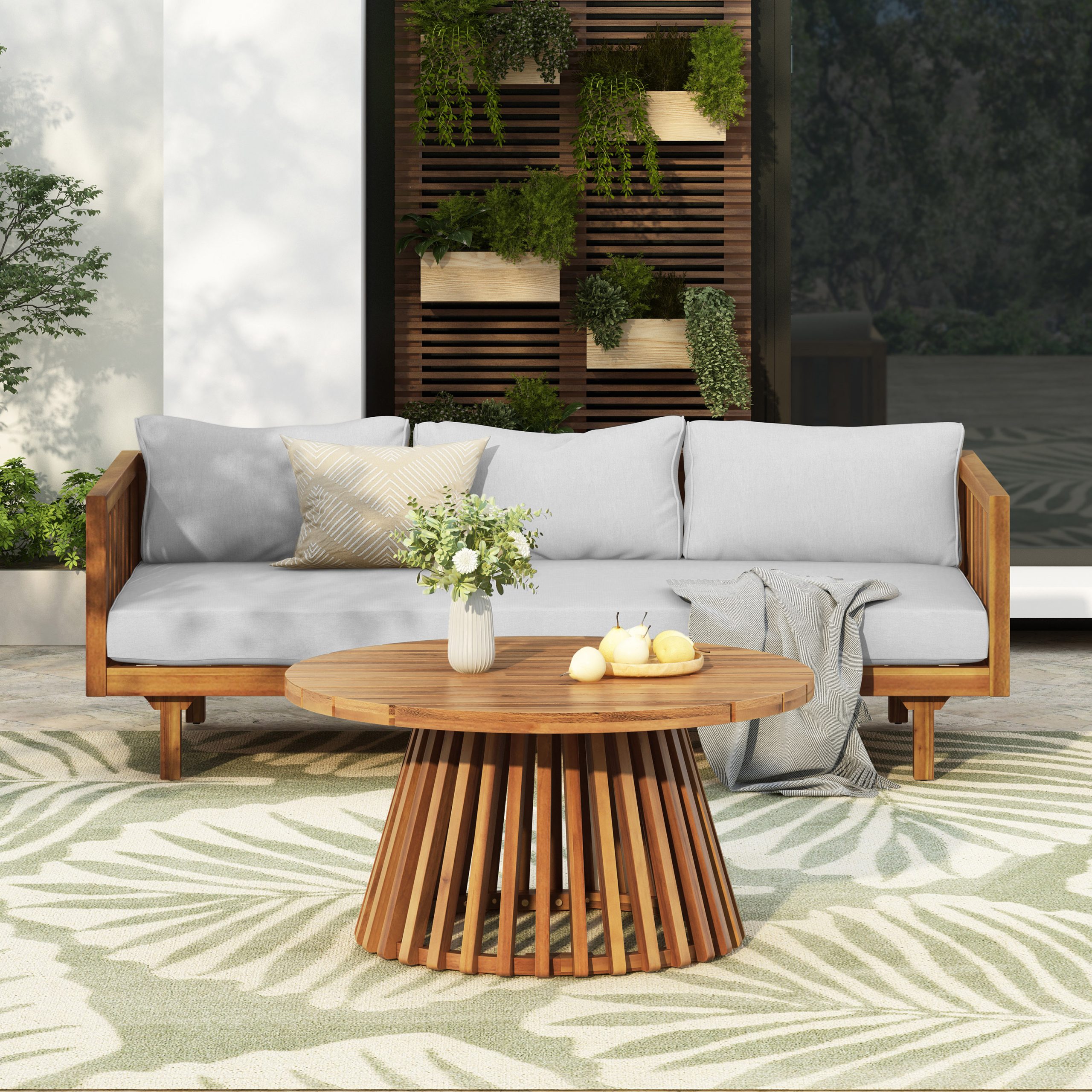 Acacia Wood Patio Furniture Set,Outdoor 3 Seater Daybed(with Water Resistant Thick Cushions)and Round Coffee Table, Light Gray Cushion