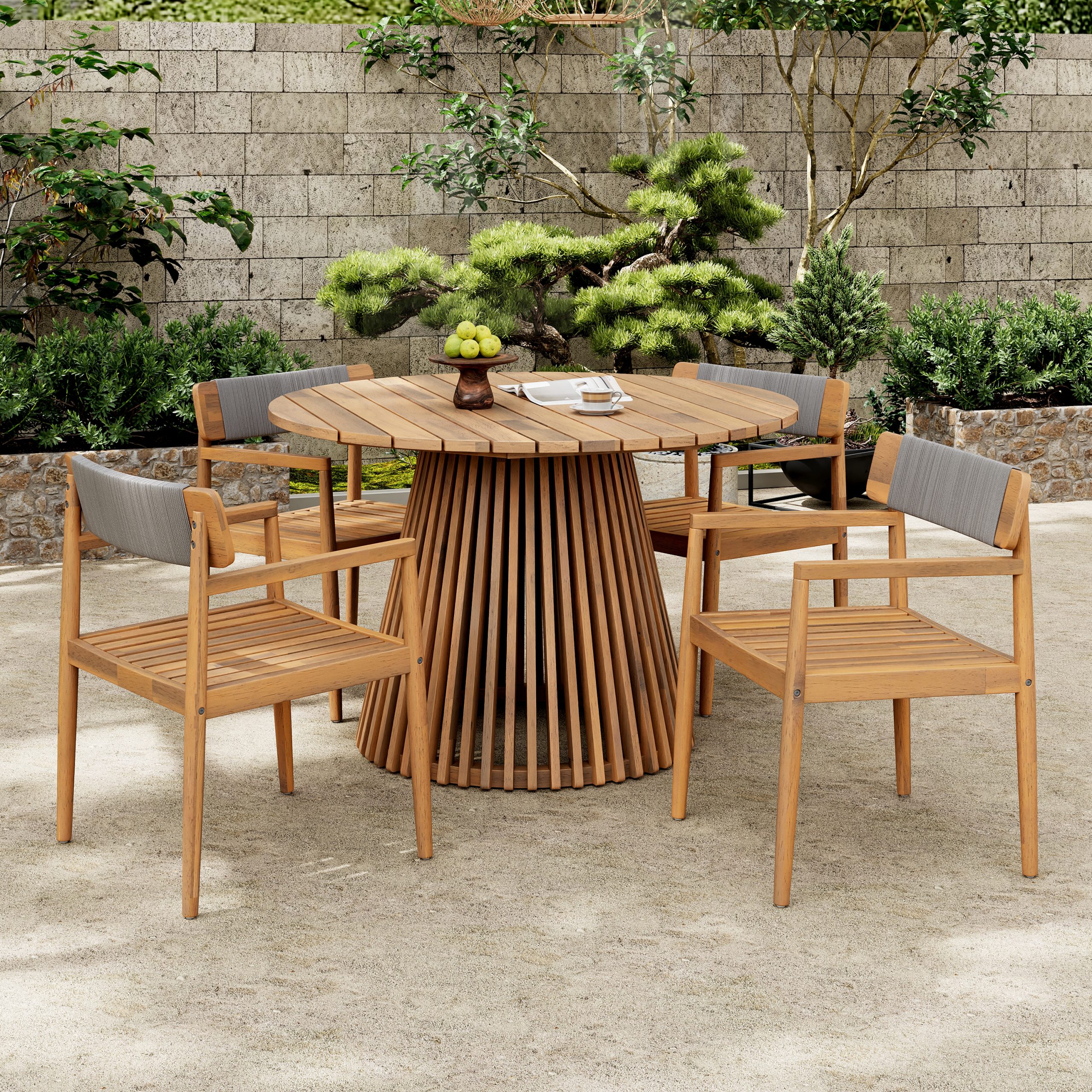 Patio Set Outdoor Acacia Wood Furniture Sets- Braided Dining Chairs Leisure Sets with Patio Dining Table for Garden, Patio & Deck (Teak Look & Grey Rope)