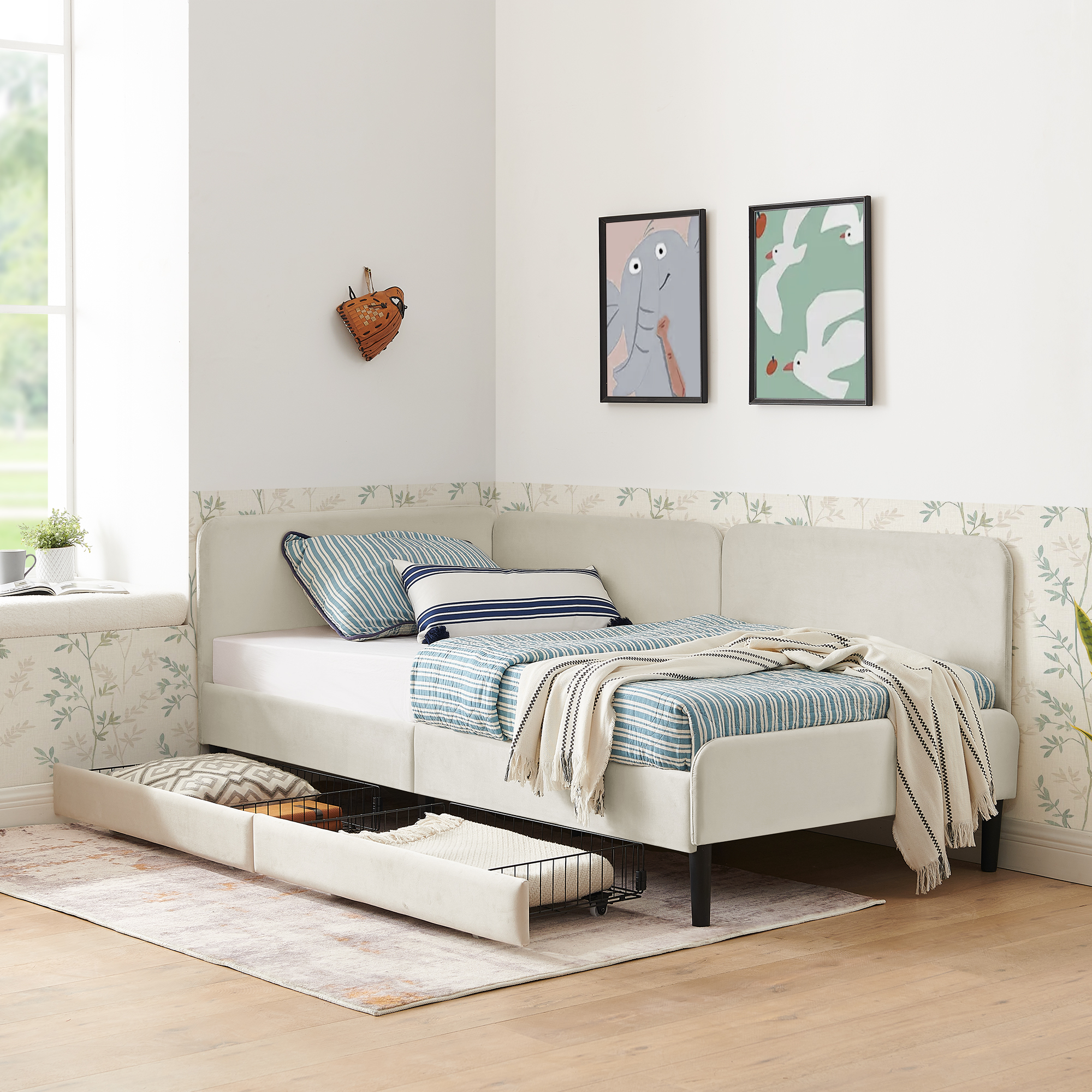 Twin Size Upholstered Platform Bed Frame with 2 Storage Drawers, Adjustable Velvet Sofa Bed, Beige
